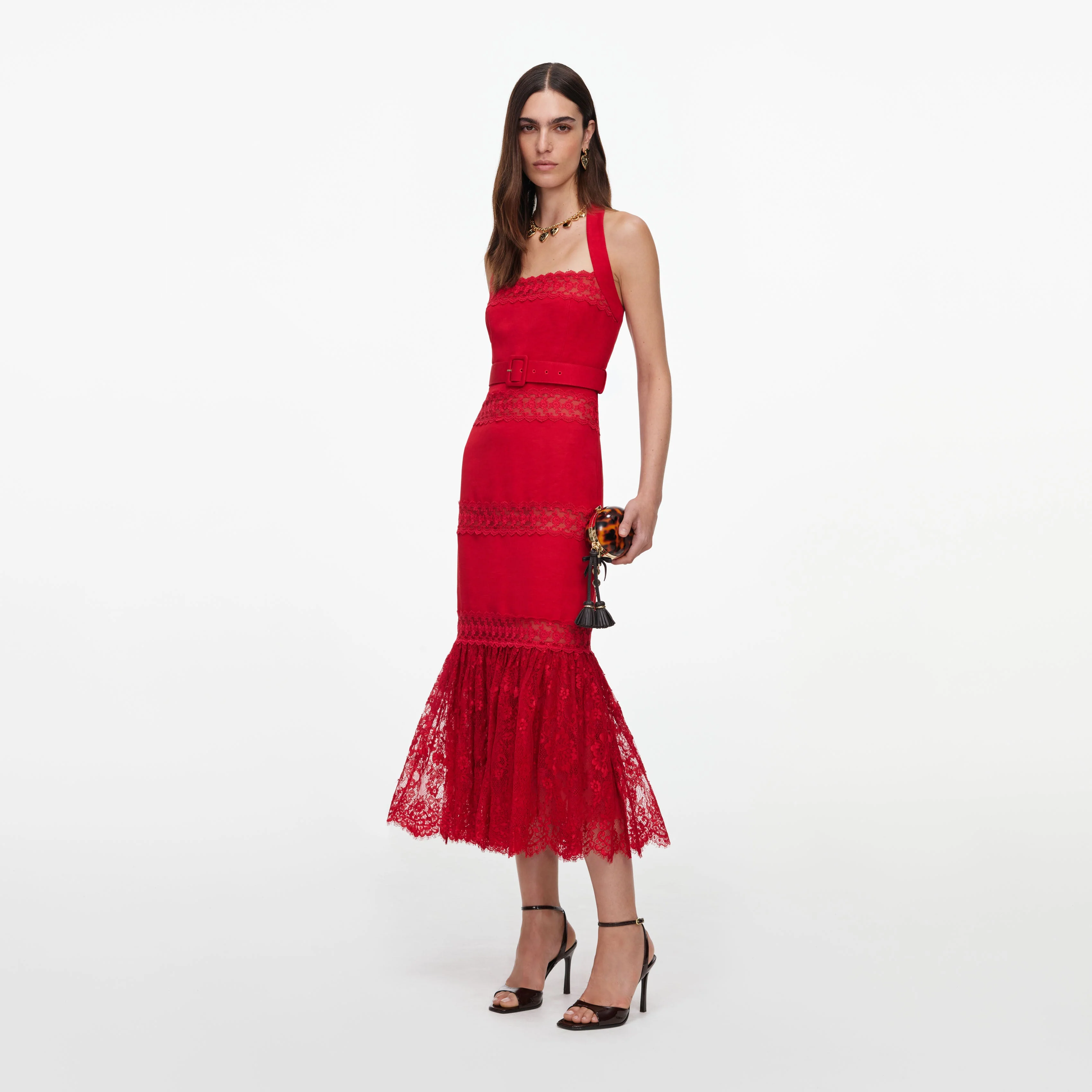 Red Linen Blend Lace Midi Dress - Image 2