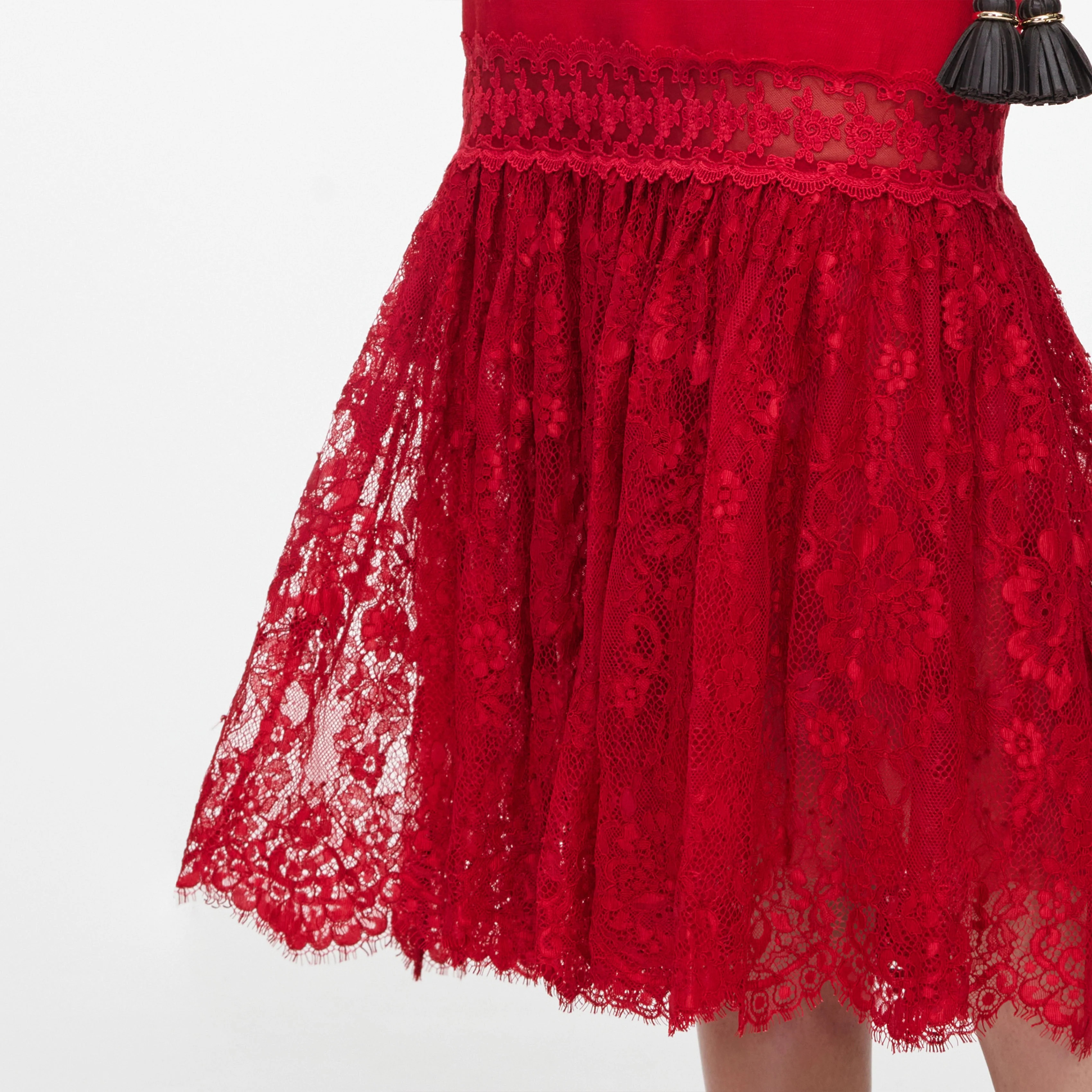 Red Linen Blend Lace Midi Dress - Image 5