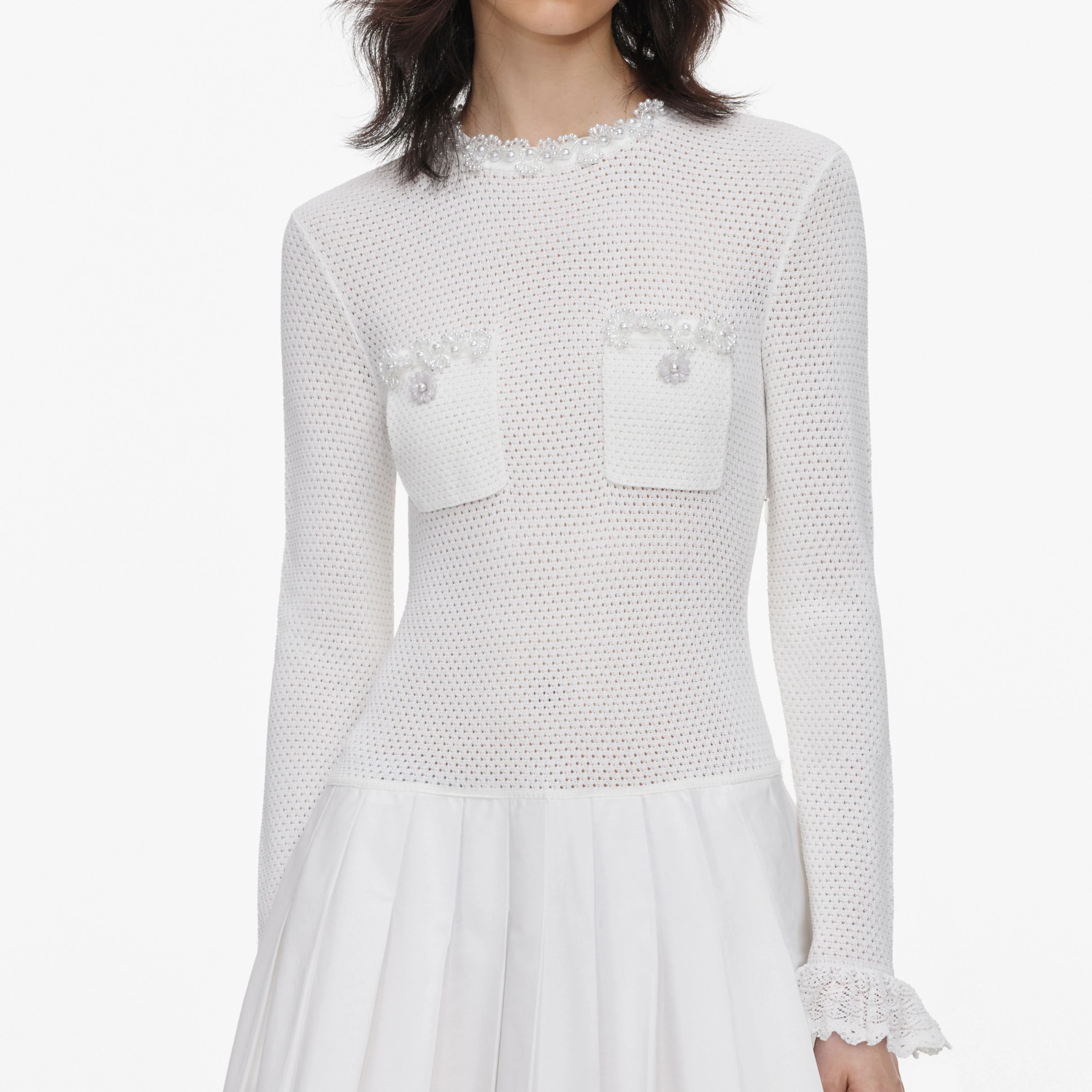 White Knit Pleated Twill Mini Dress - Image 4