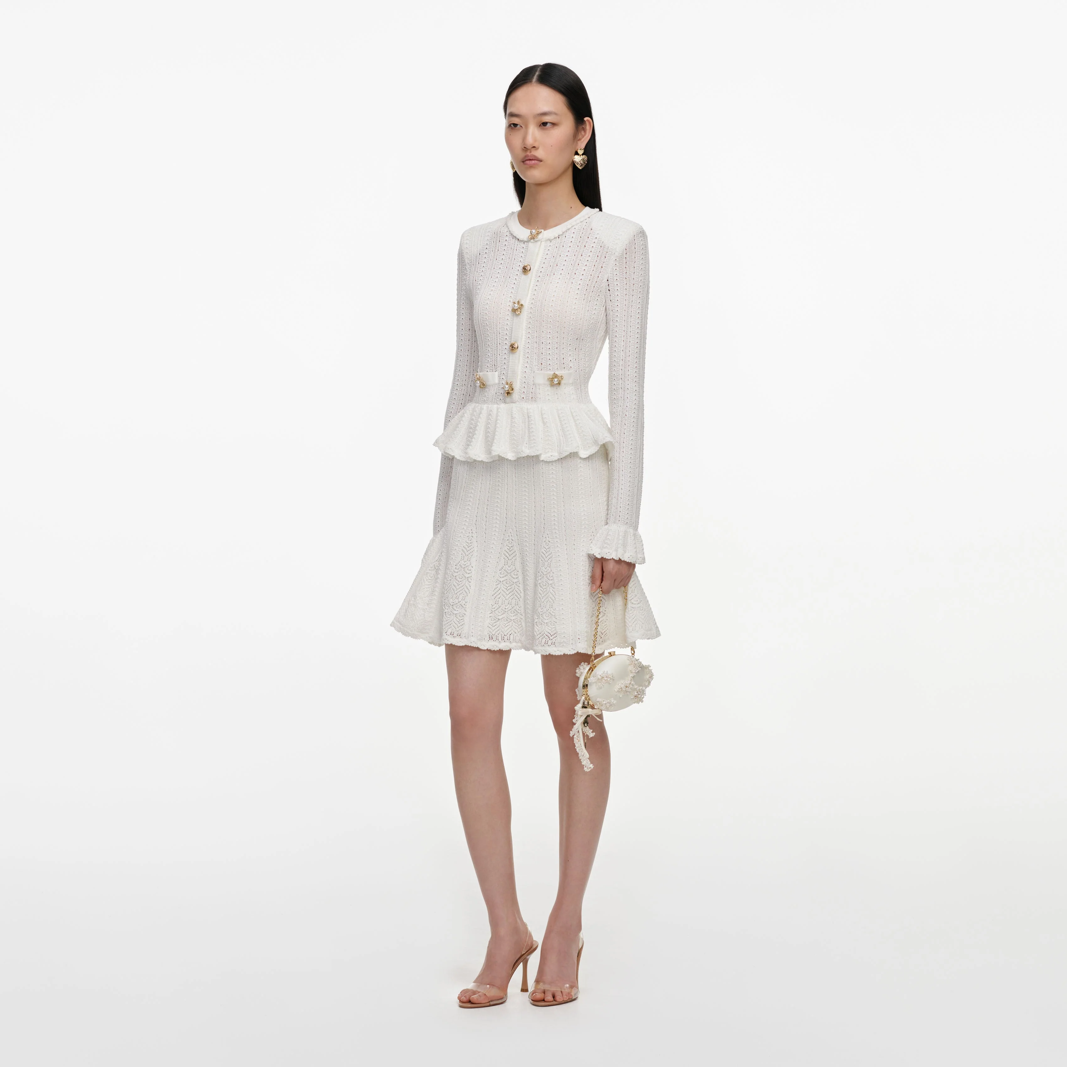 White Pointelle Peplum Knit Mini Dress - Image 2