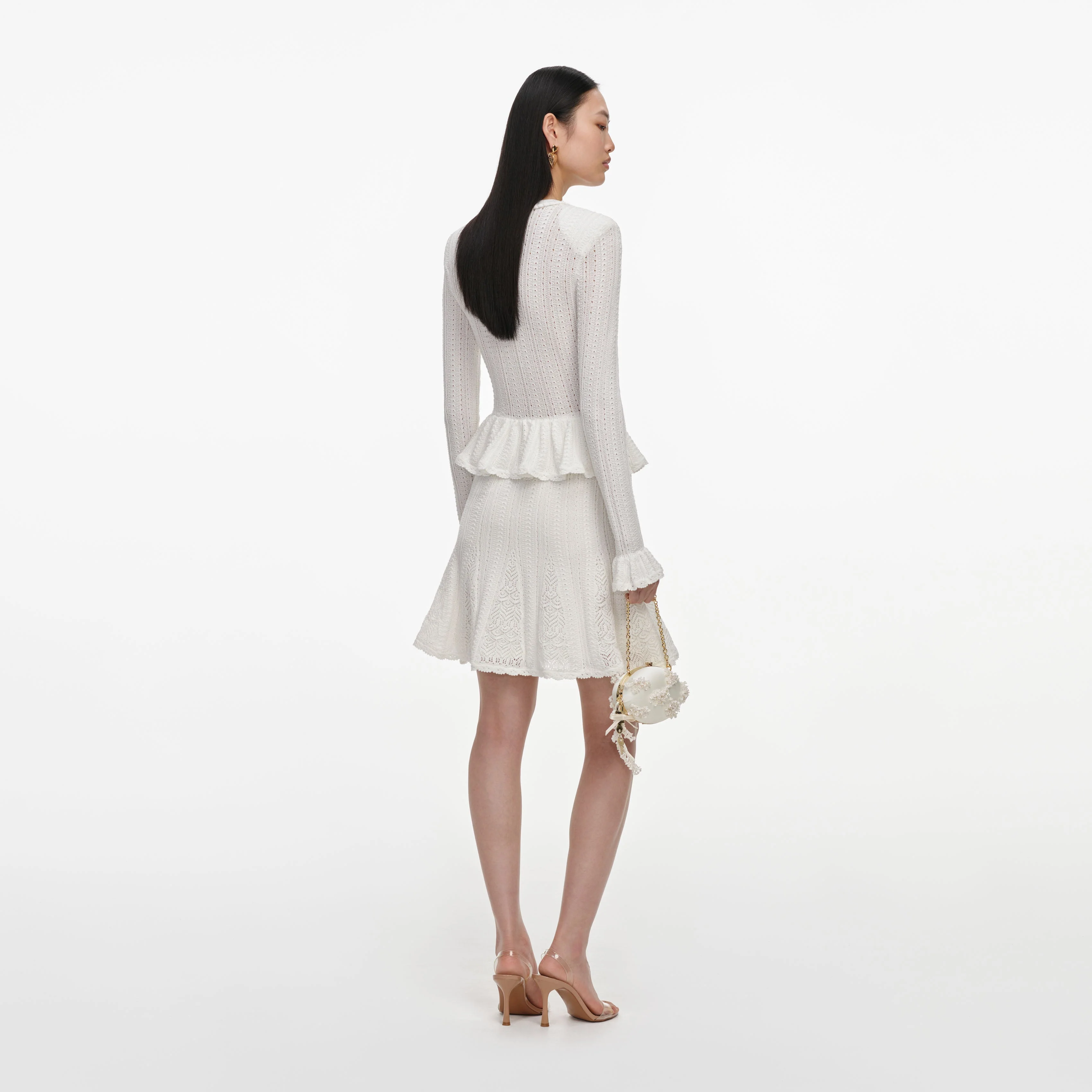 White Pointelle Peplum Knit Mini Dress - Image 3