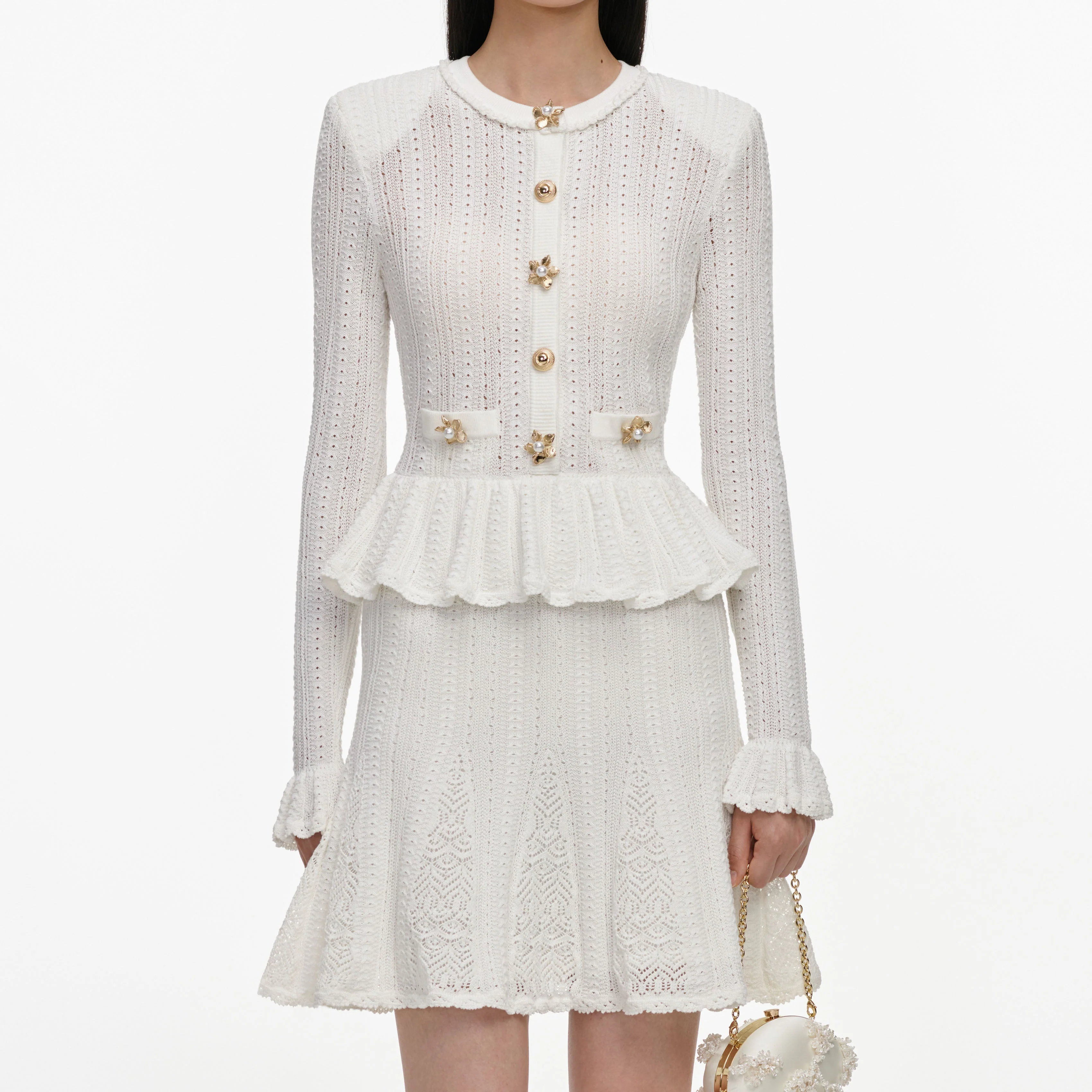 White Pointelle Peplum Knit Mini Dress - Image 4