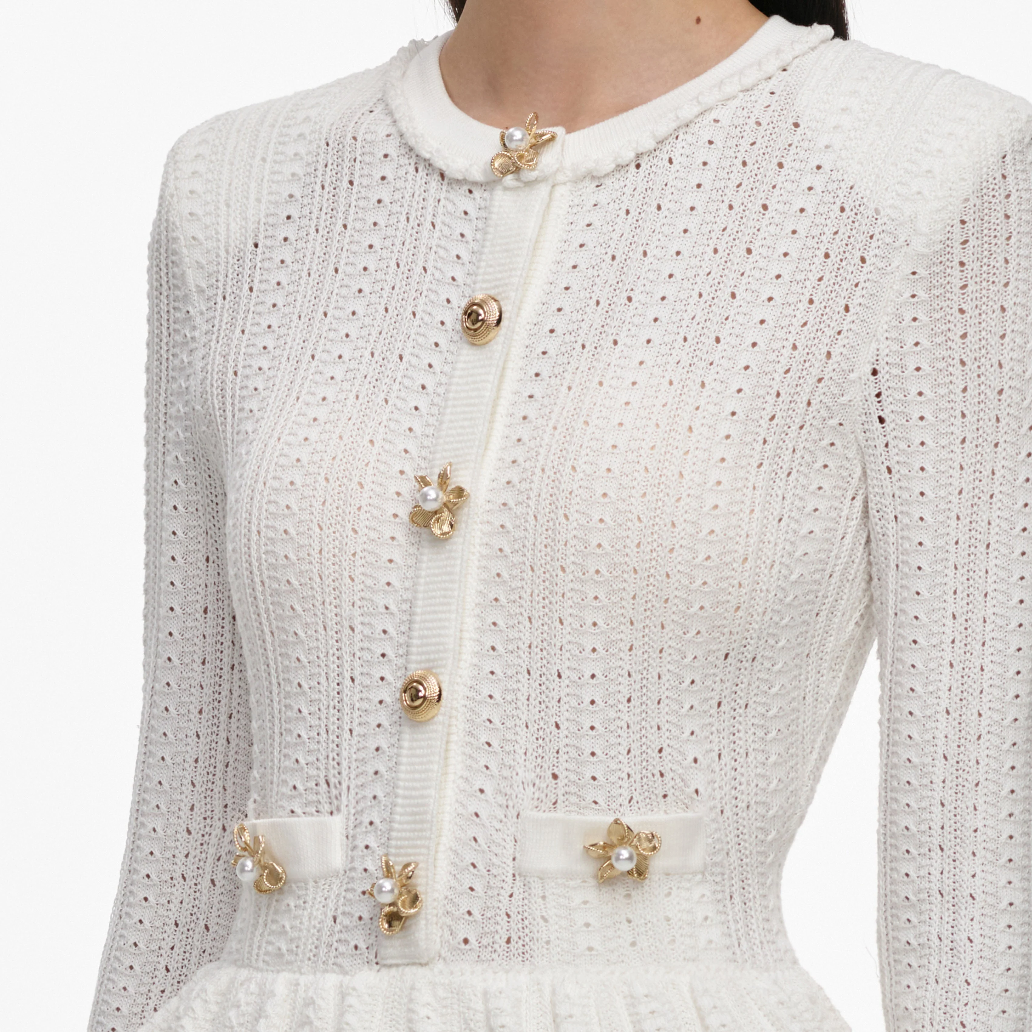 White Pointelle Peplum Knit Mini Dress - Image 5