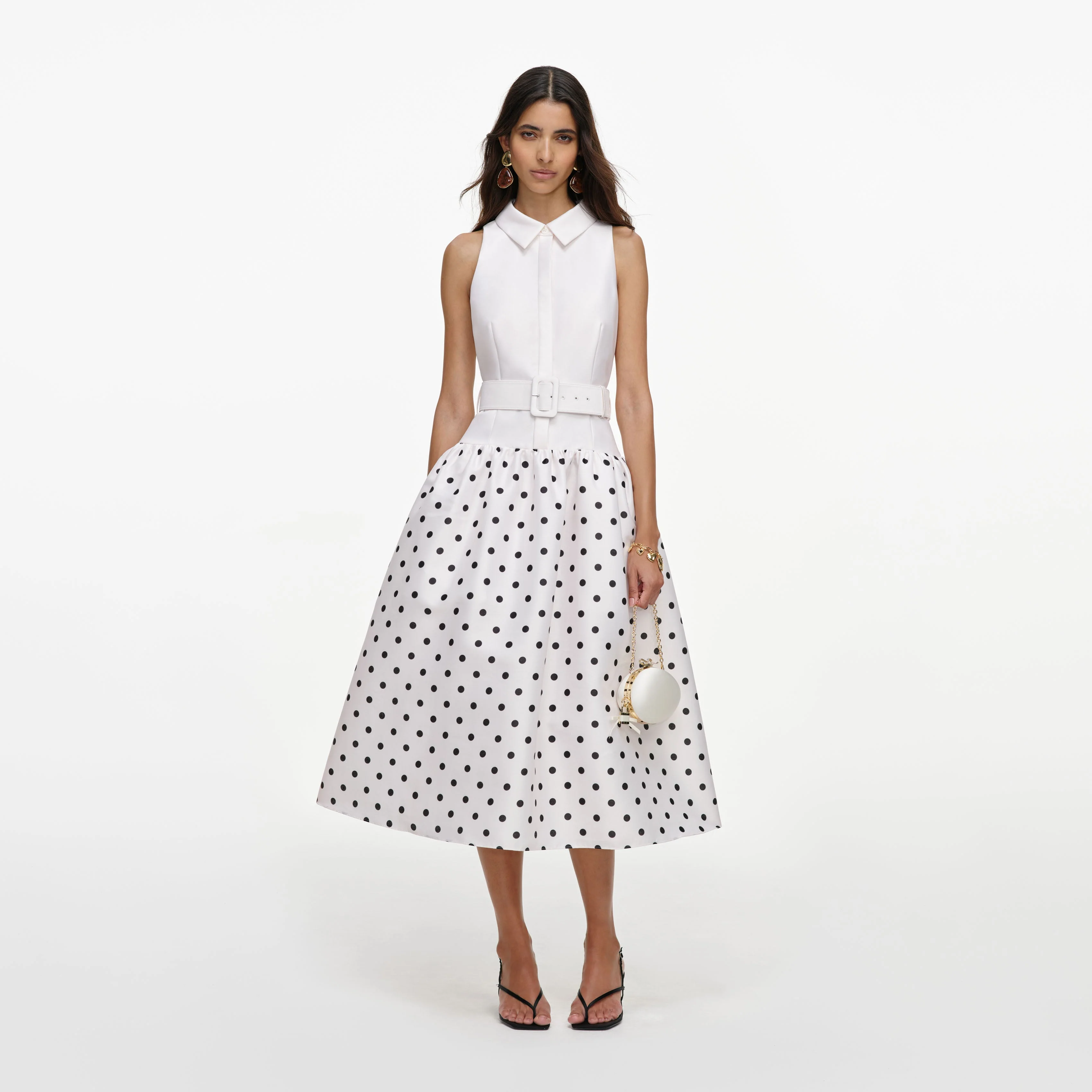 White Sleeveless Polka Dot Midi Dress