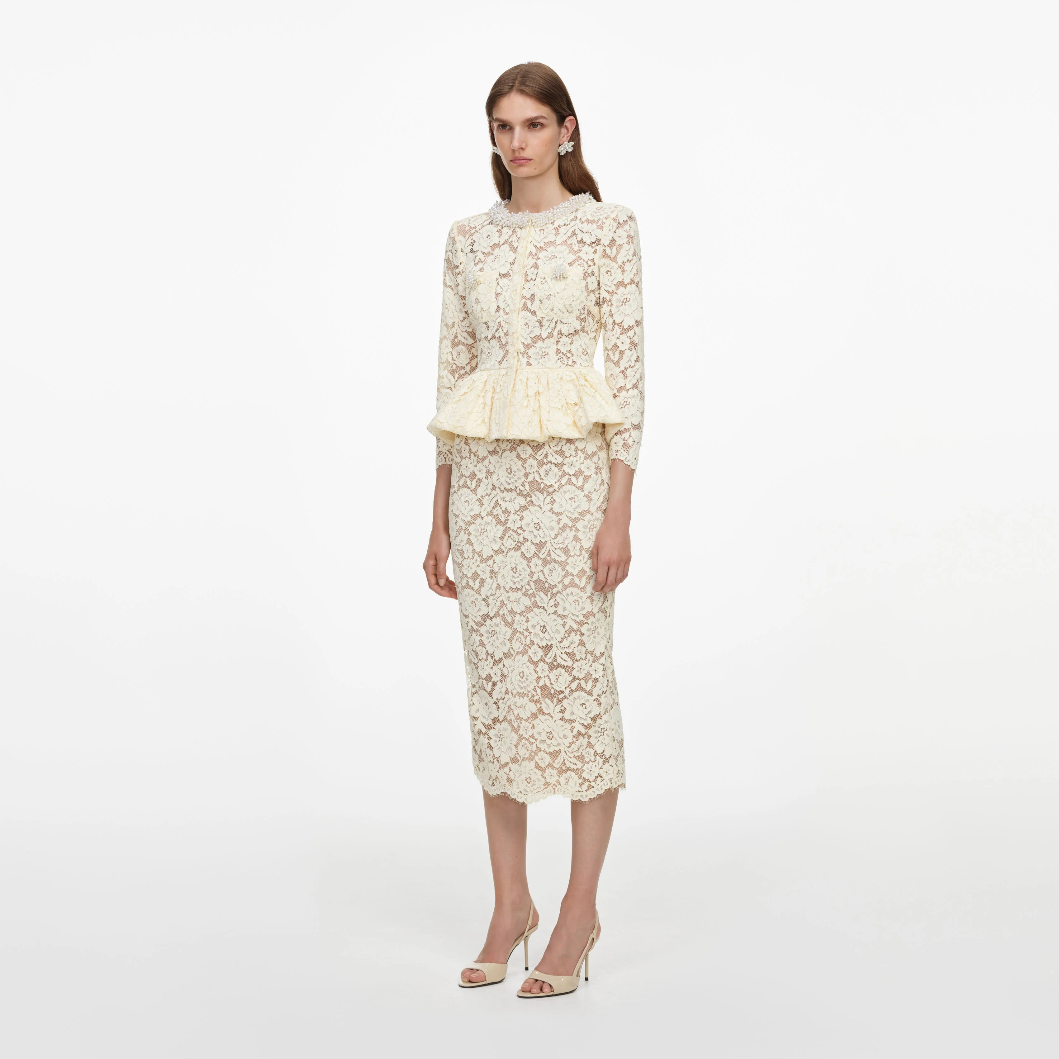 Yellow Lace Peplum Midi Dress - Image 2