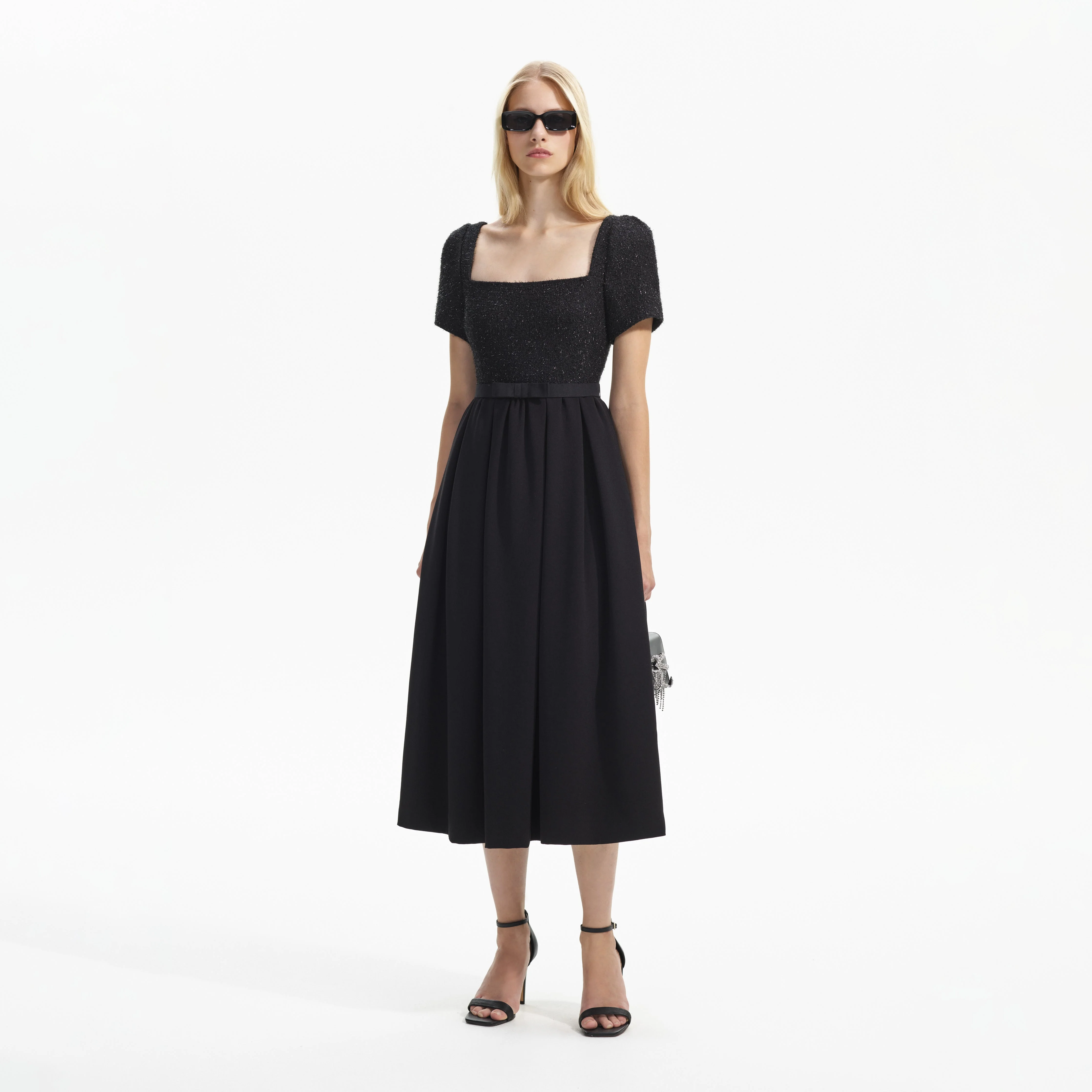 Black Boucle Square Neck Midi Dress - Image 2