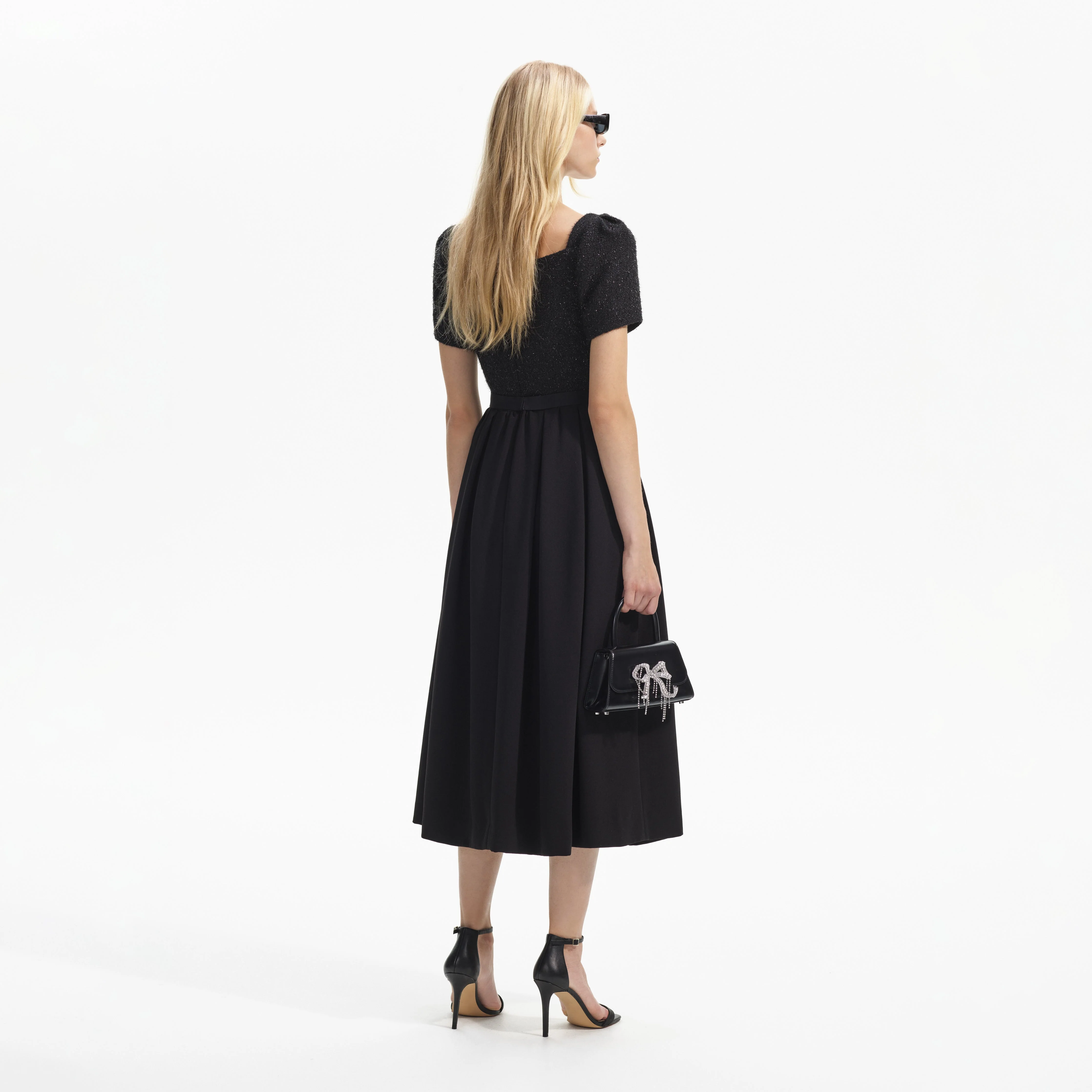 Black Boucle Square Neck Midi Dress - Image 3