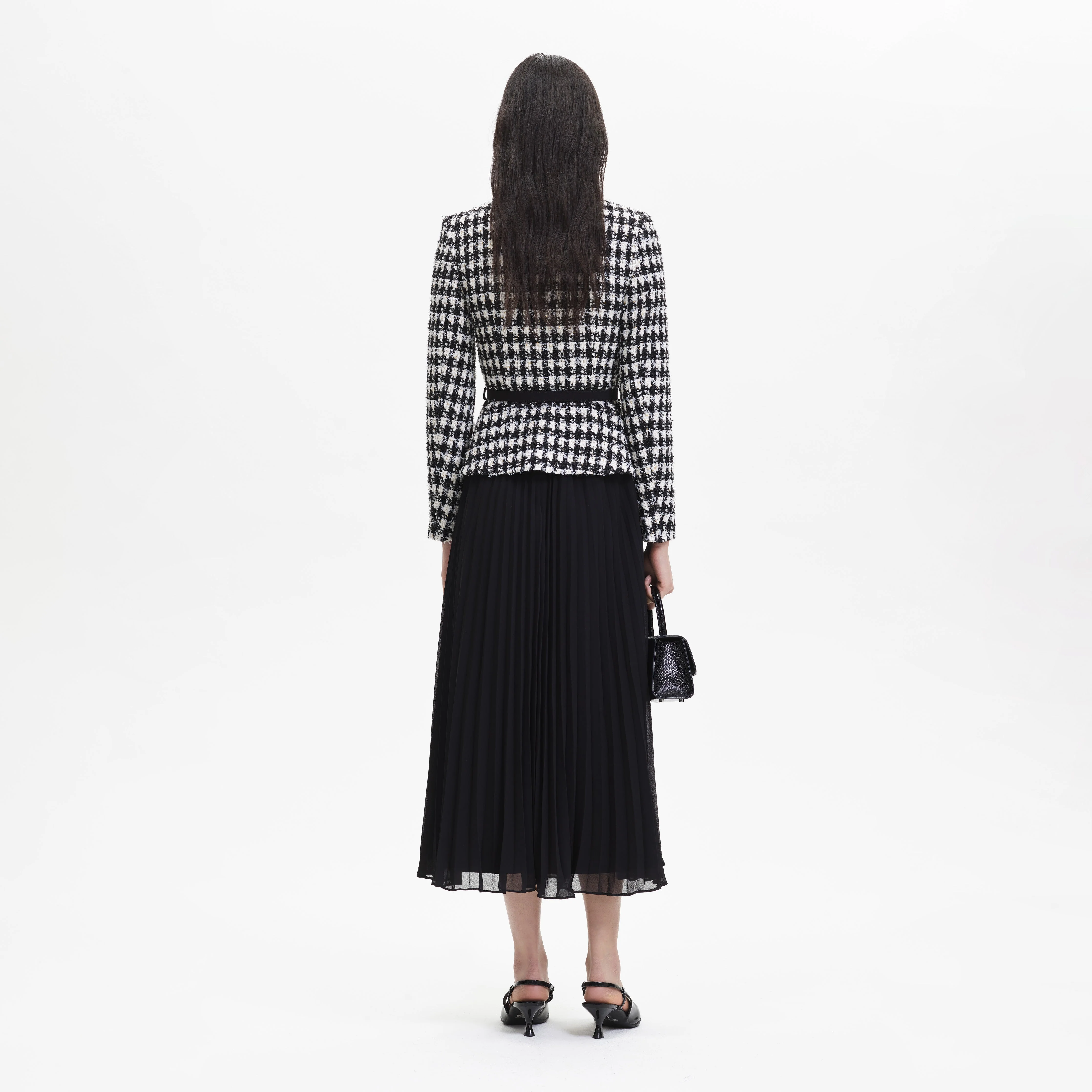Black Check Boucle Chiffon Midi Dress - Image 3