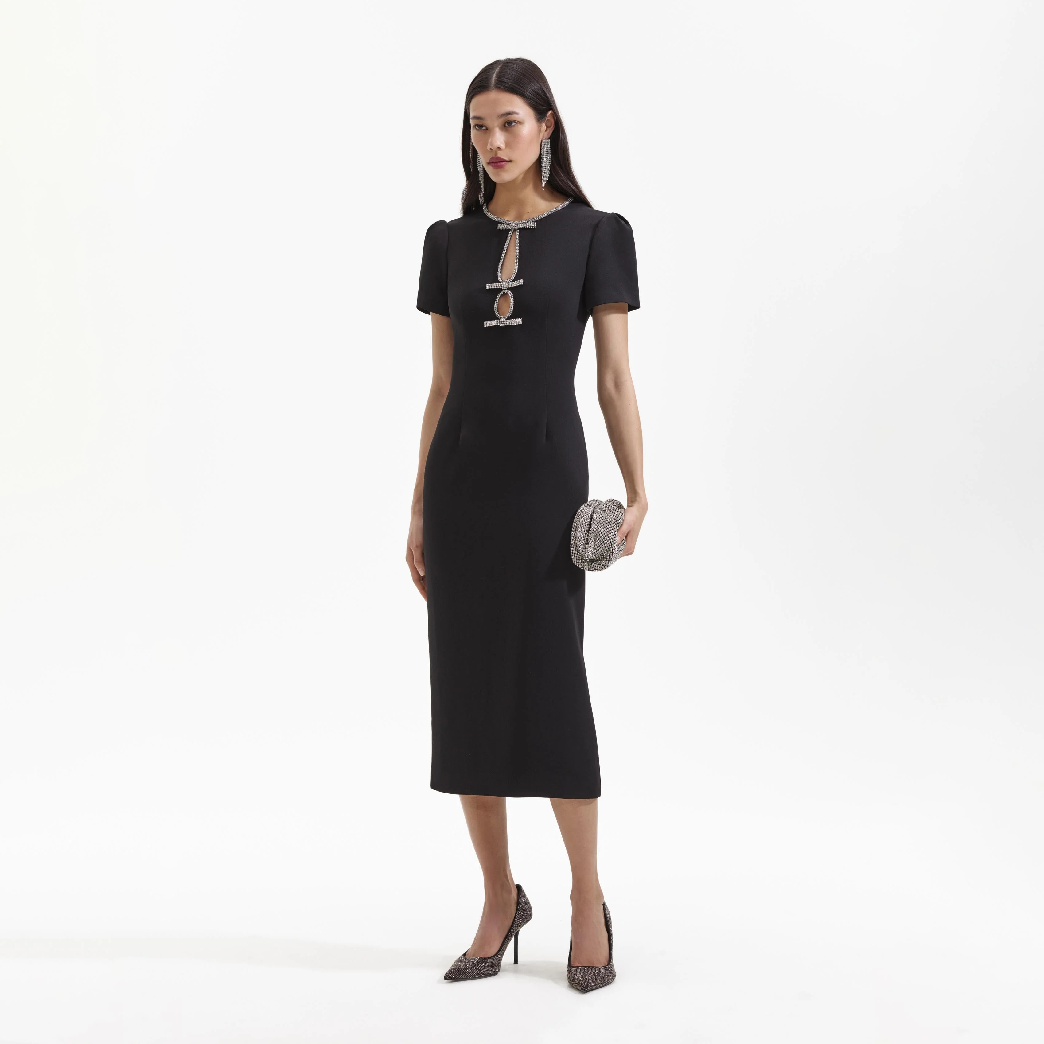 Black Crepe Diamante Bow Midi Dress - Image 2