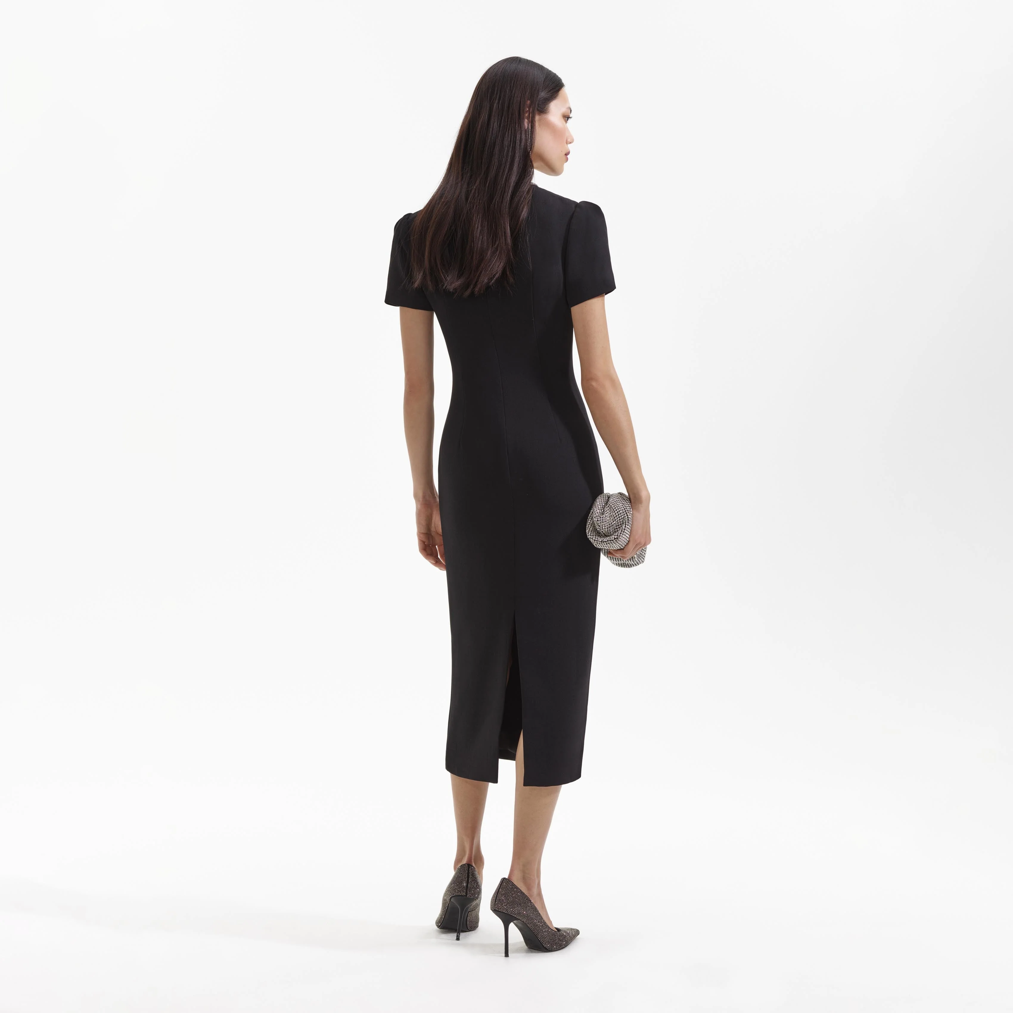 Black Crepe Diamante Bow Midi Dress - Image 3