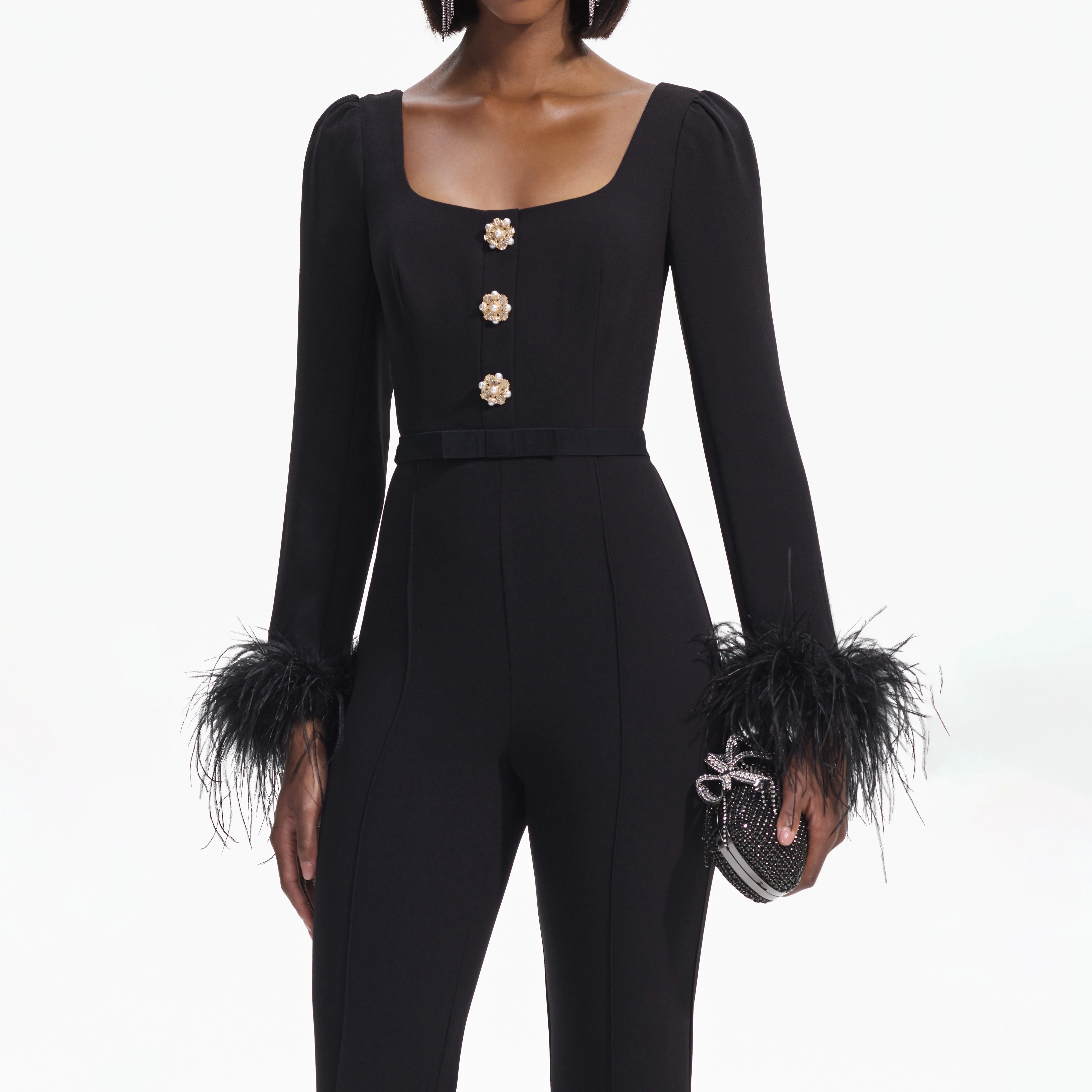 Black Crepe Feather Jumpsuit - Image 4