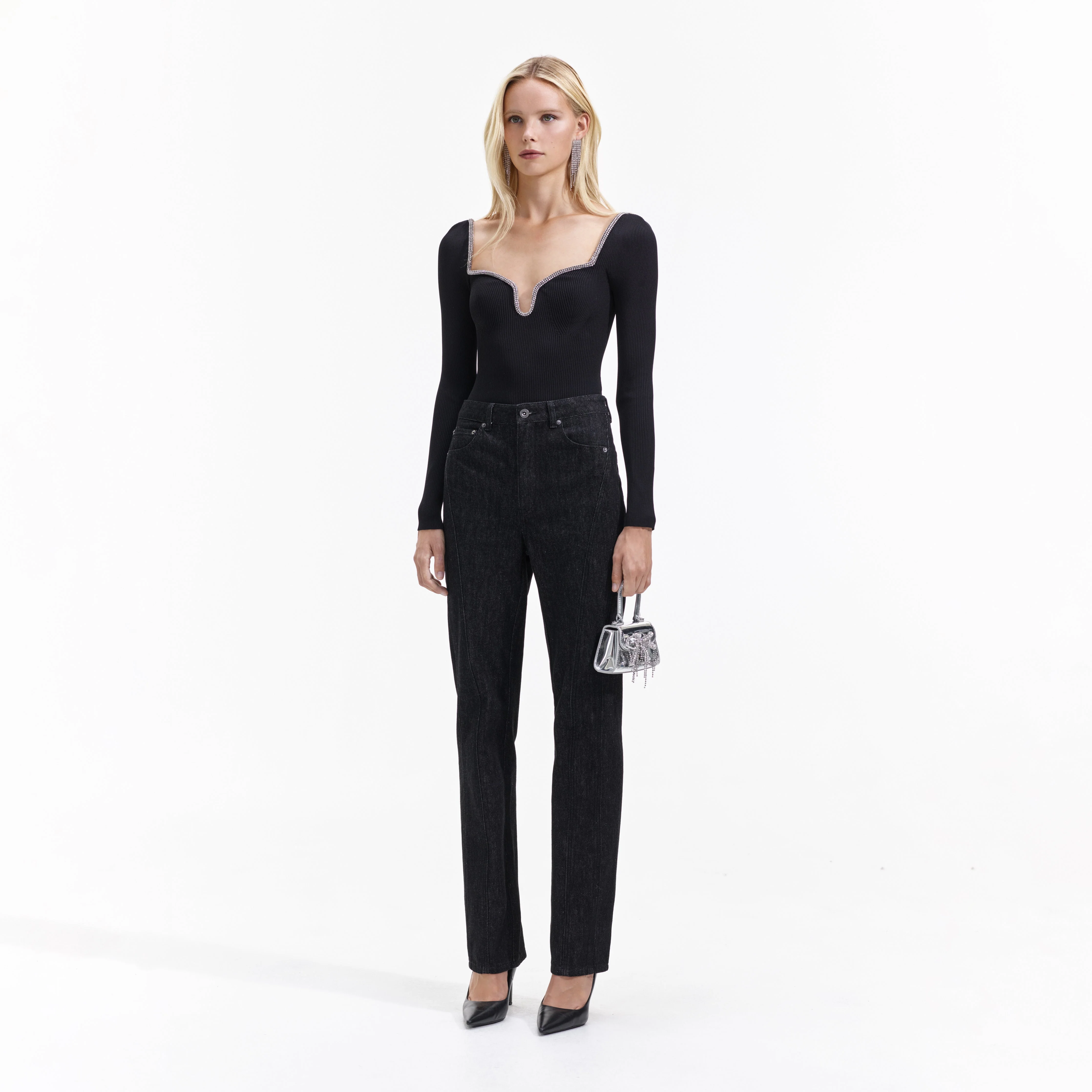 Black Knit Diamante Trim Top - Image 2