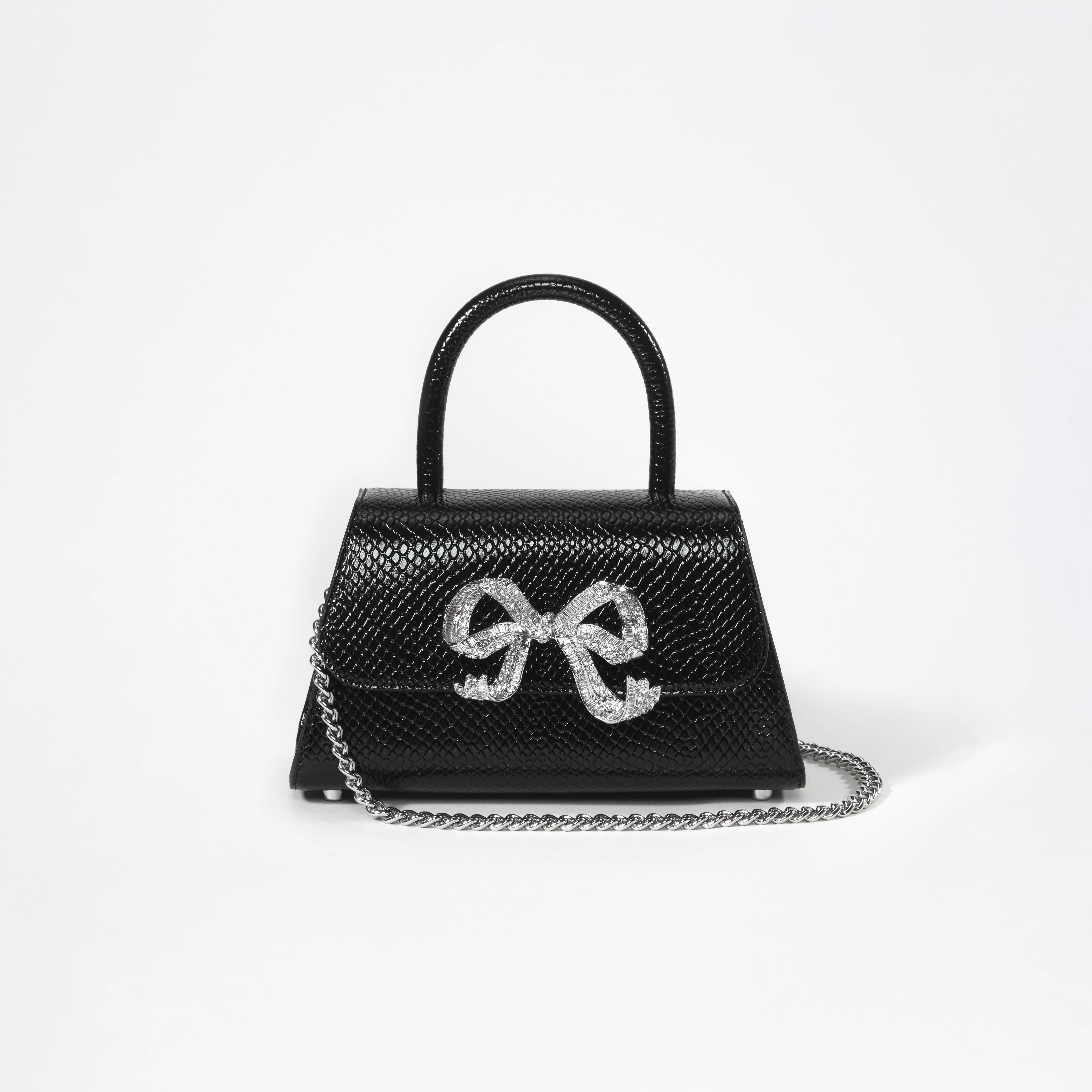 Black Python Diamante Bow Mini Bag - Image 4