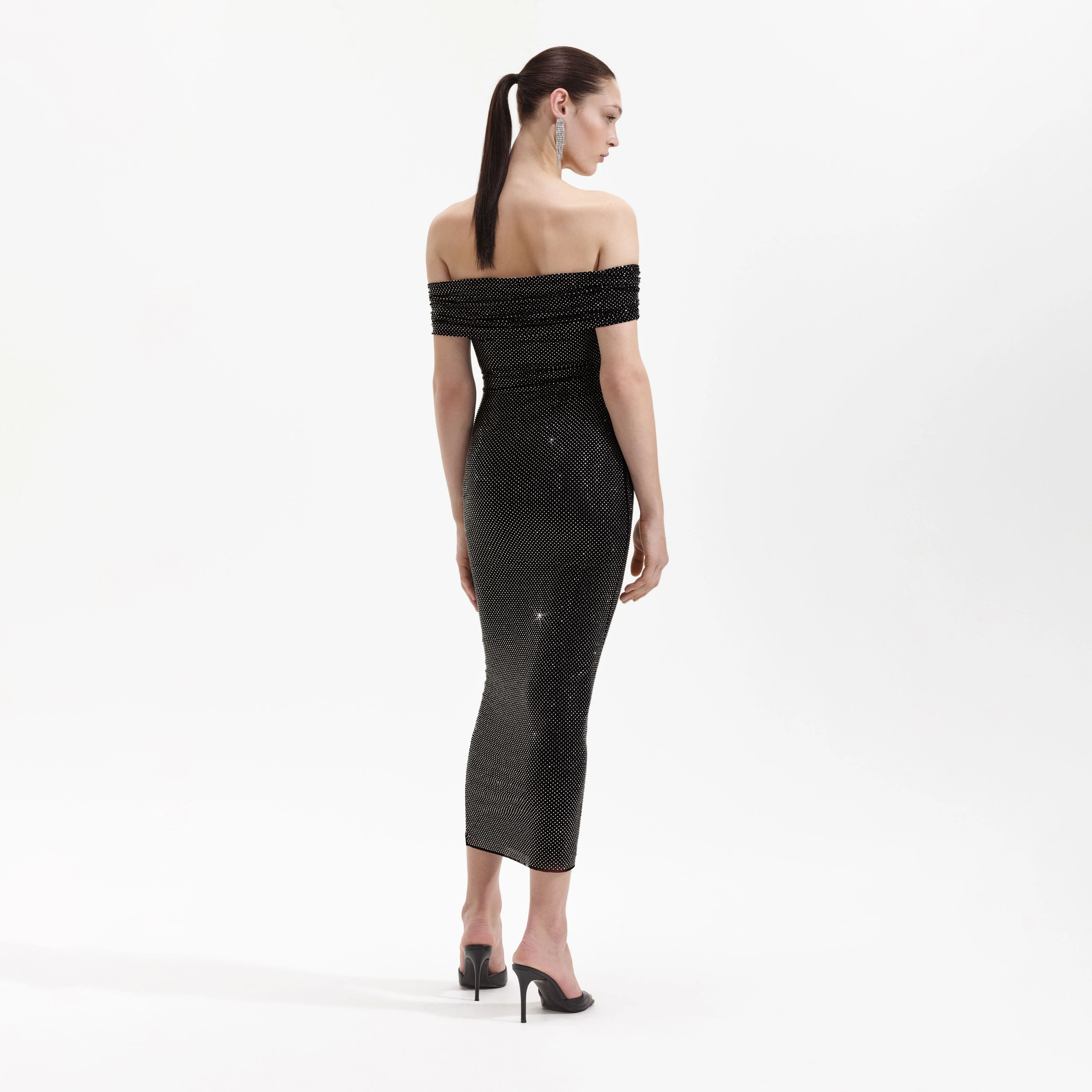 Black Rhinestone Bardot Midi Dress - Image 3