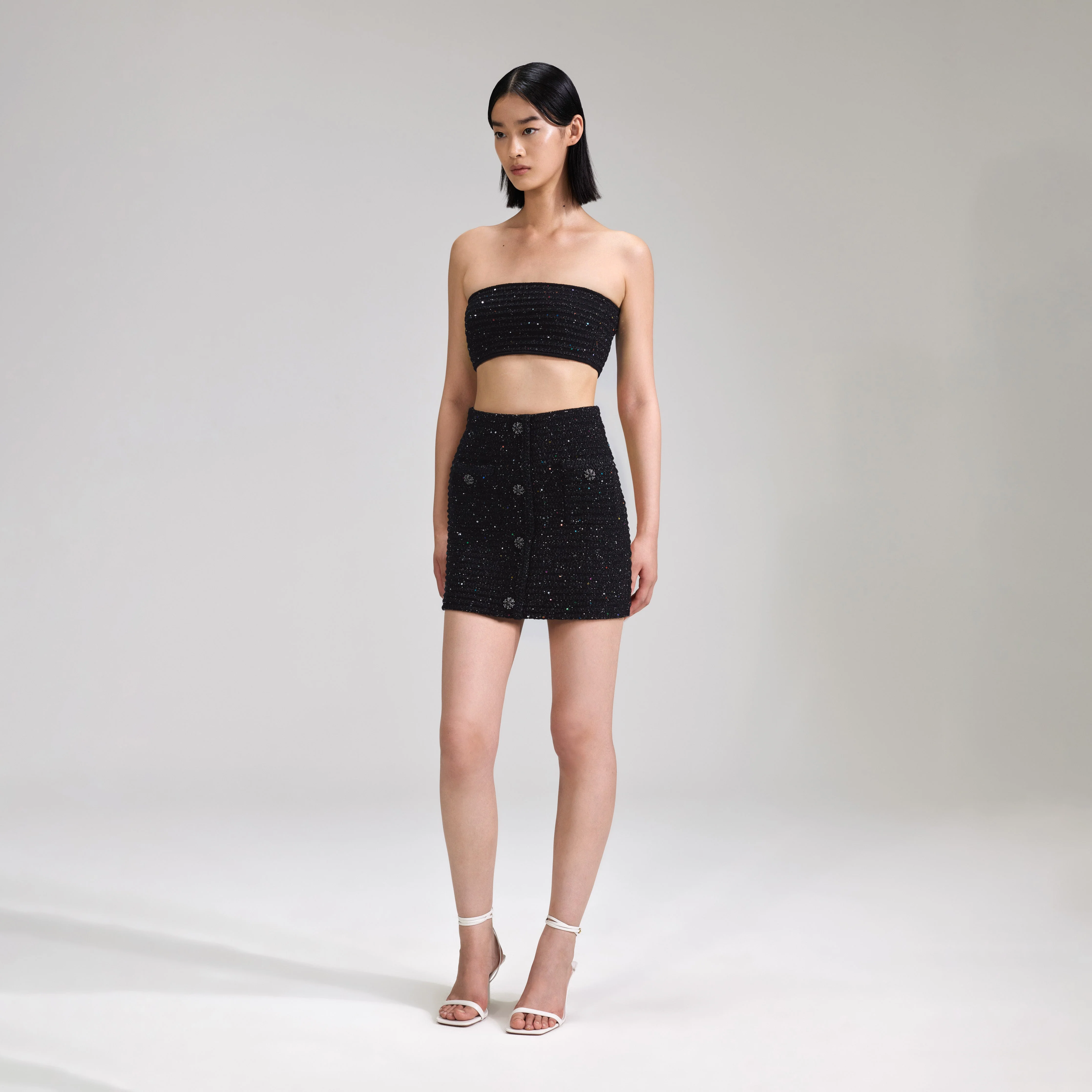 Black Sequin Knit Bandeau Top - Image 2