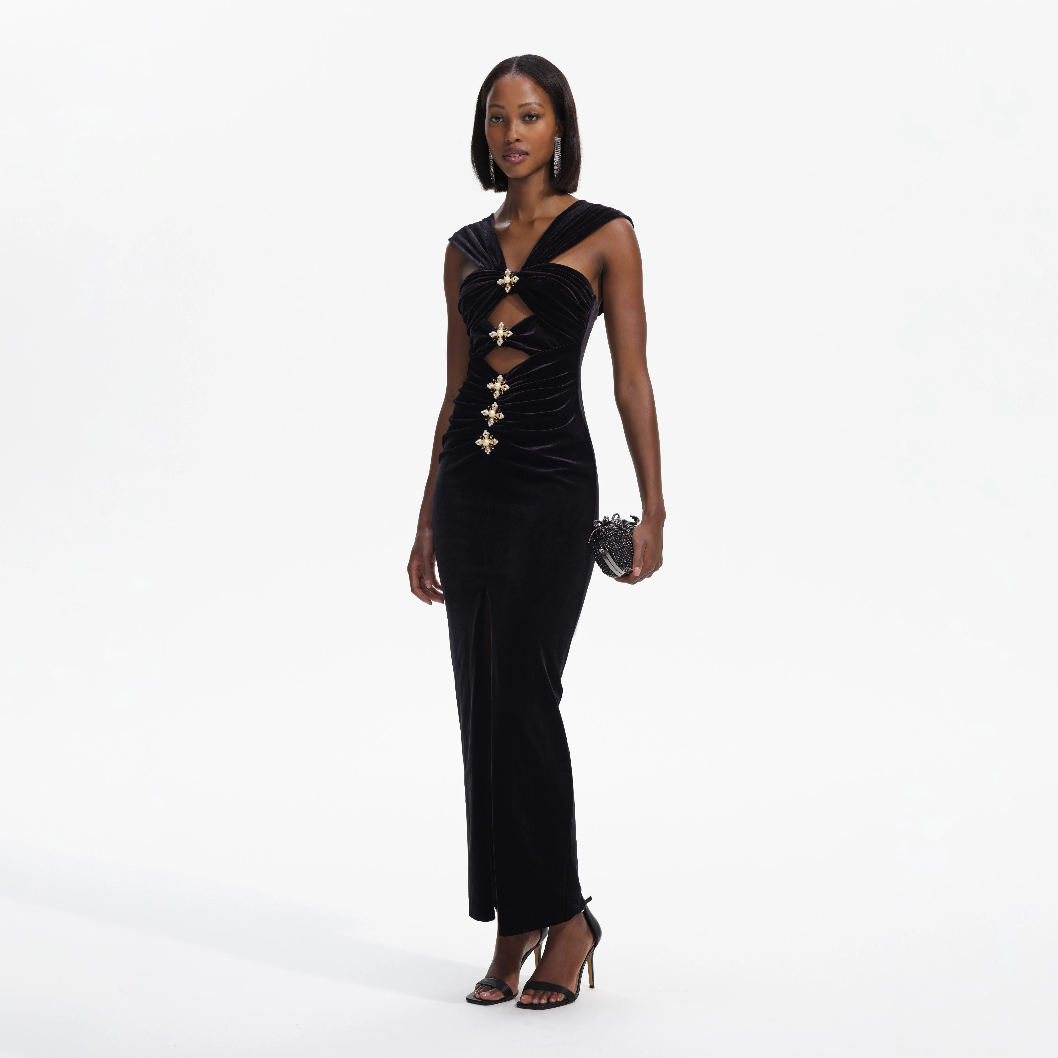 Black Velvet Cut-Out Slit Maxi Dress - Image 2