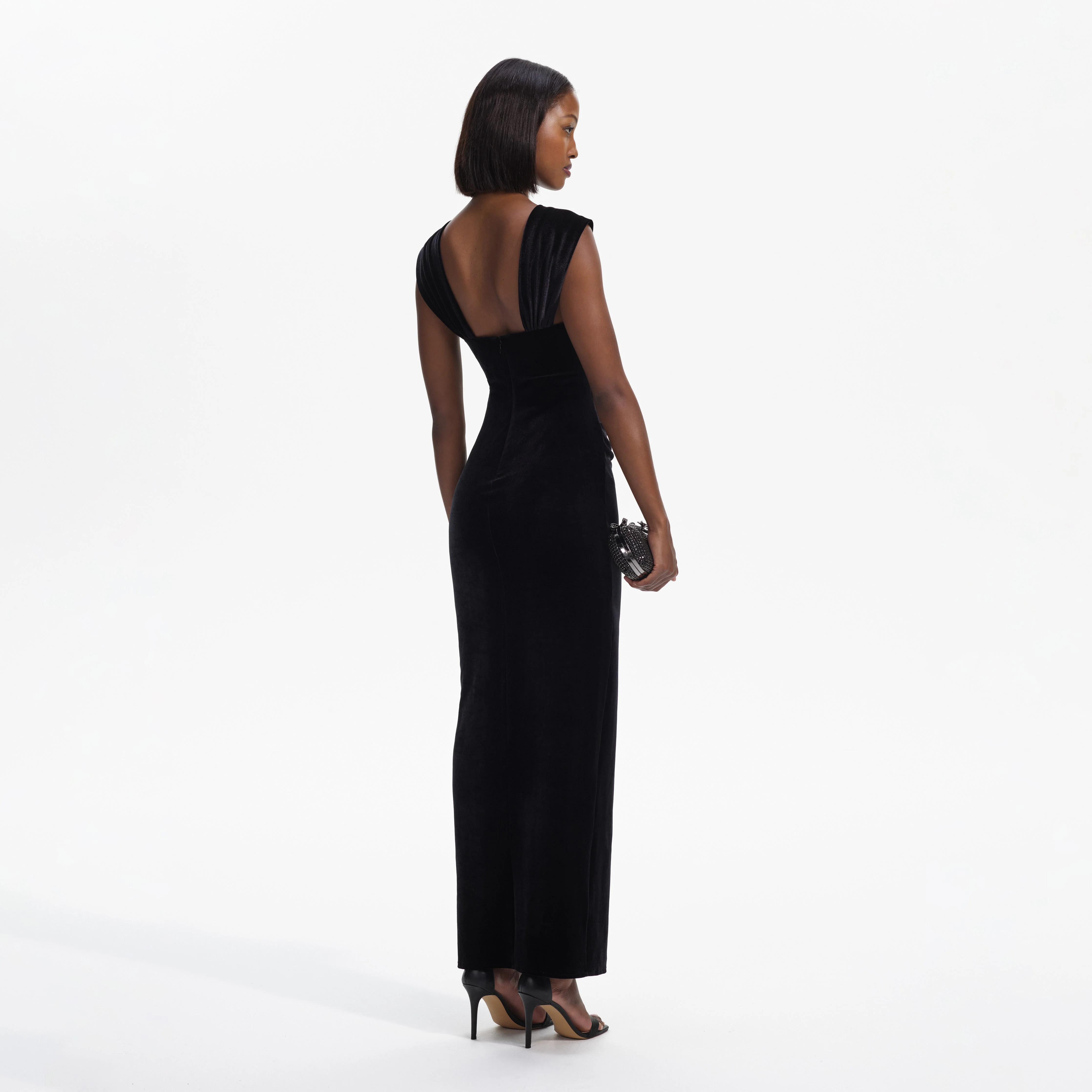 Black Velvet Cut-Out Slit Maxi Dress - Image 3