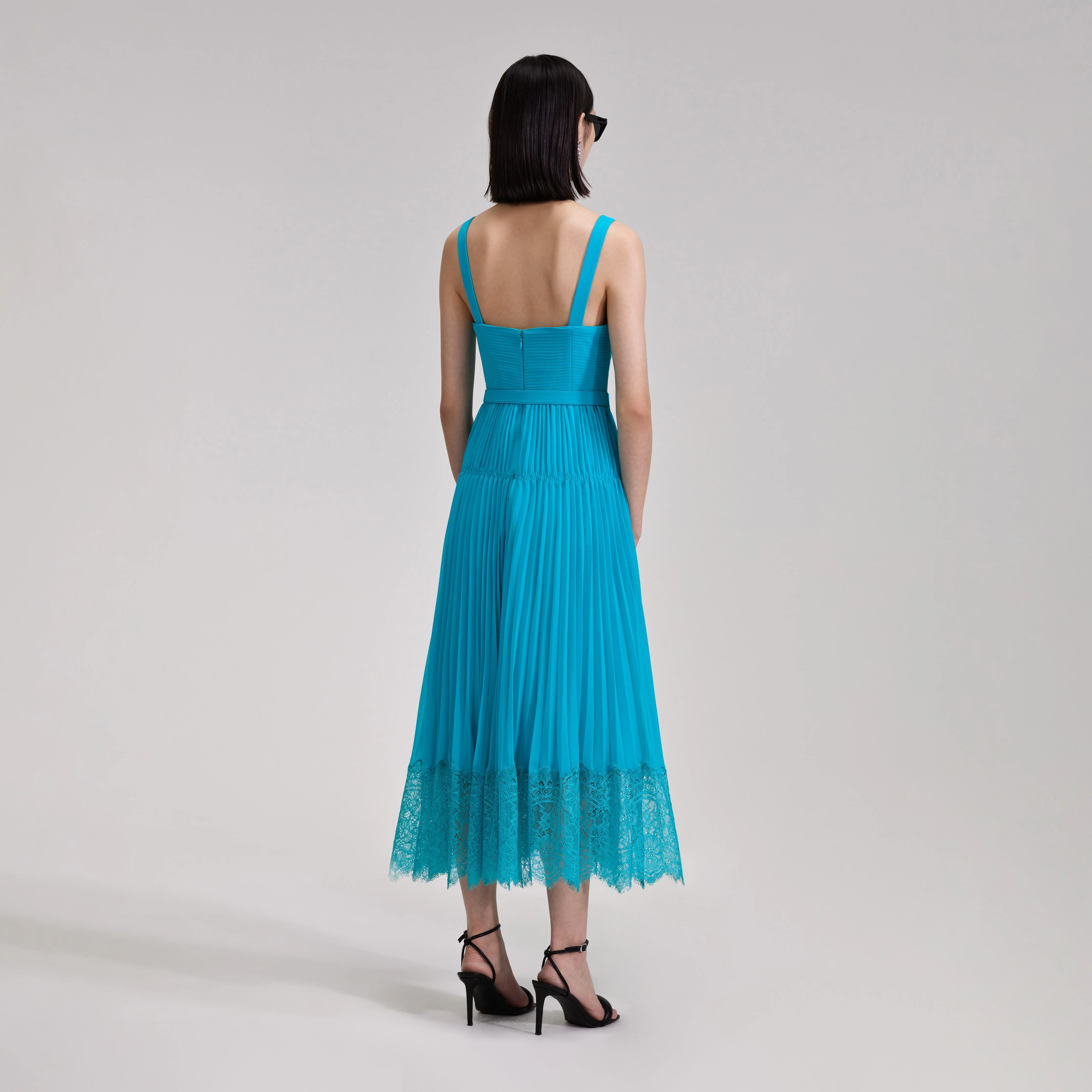 Blue Chiffon Lace Midi Dress - Image 3