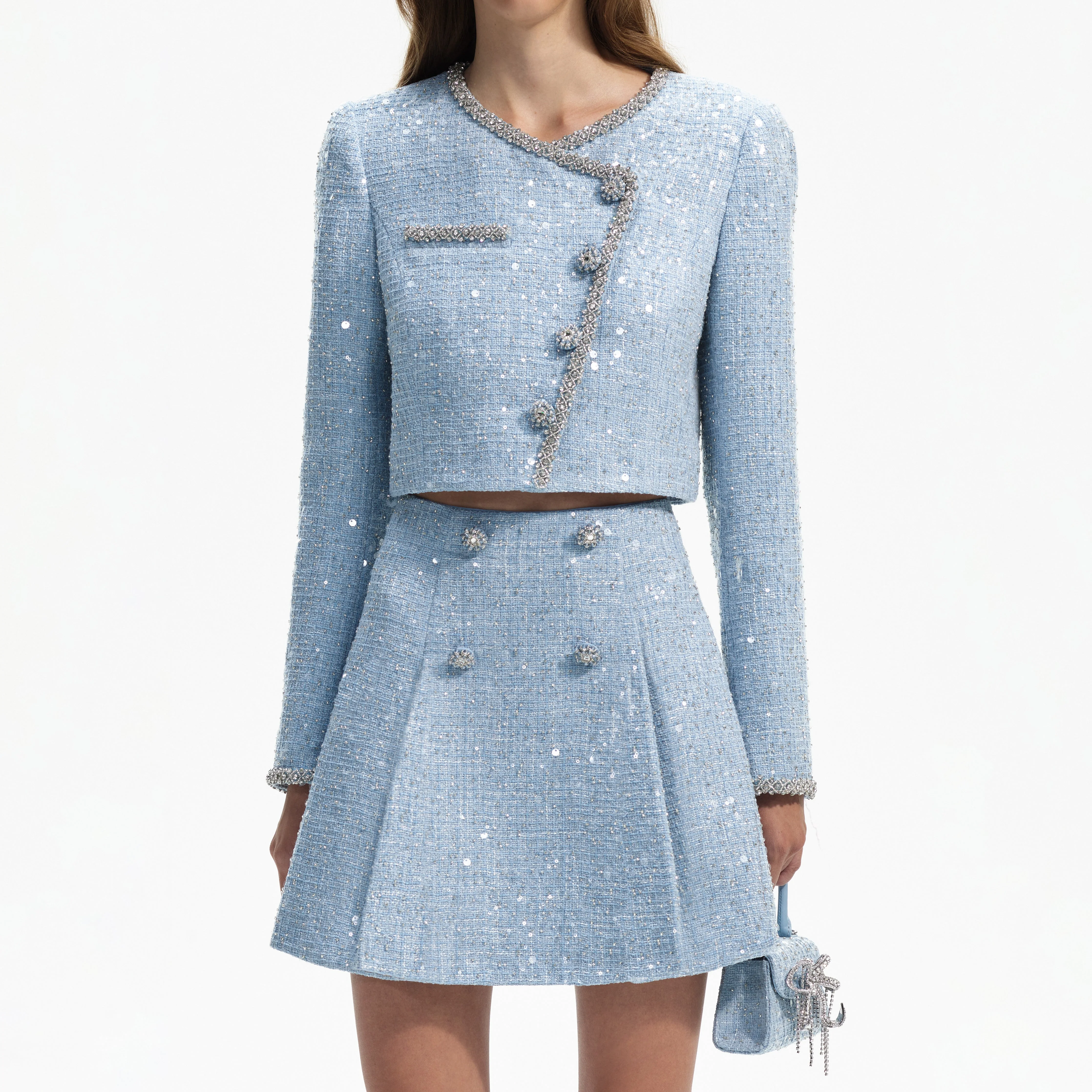 Blue Sequin Boucle Cropped Jacket - Image 4