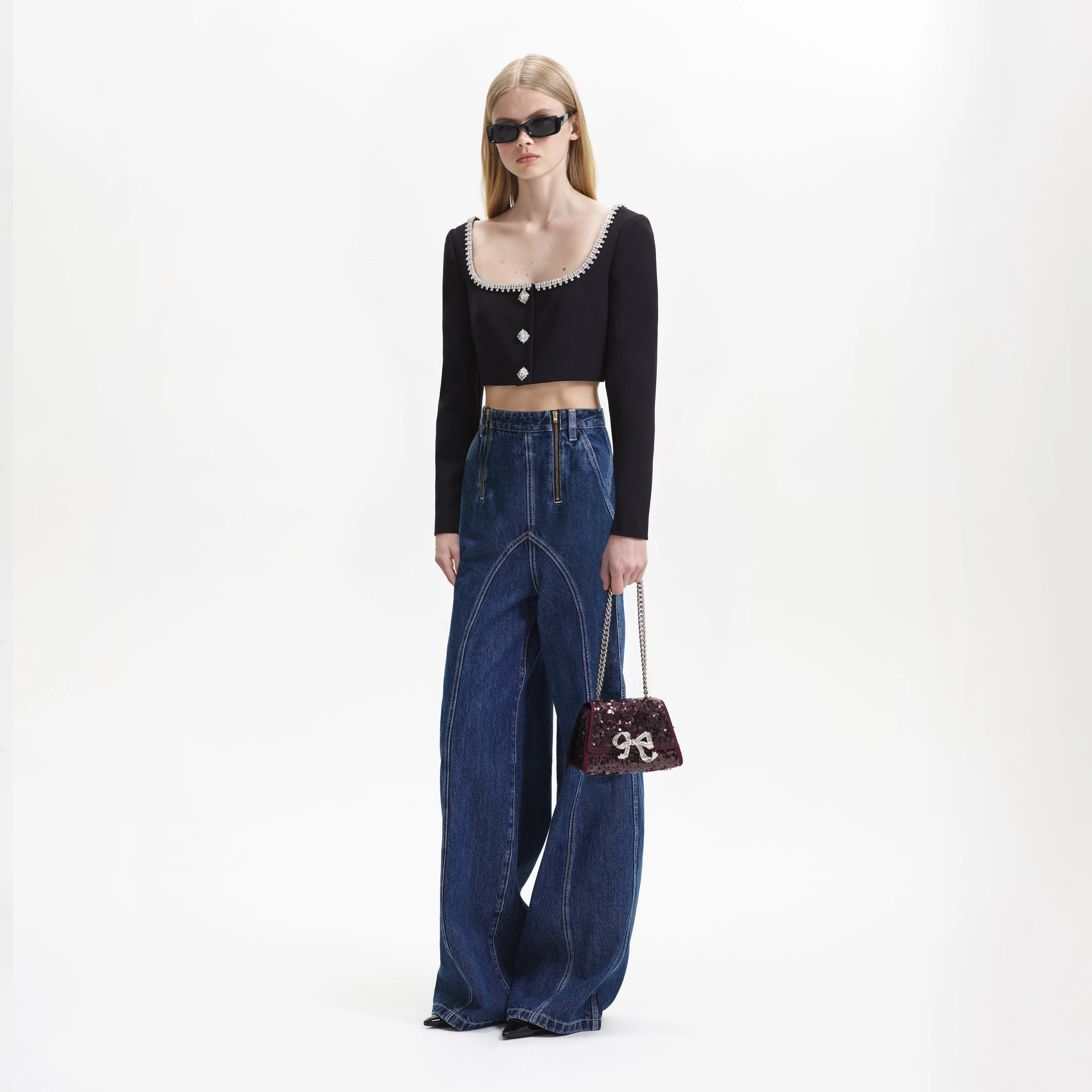 Blue Wide Leg Stitch Detail Jeans - Image 2