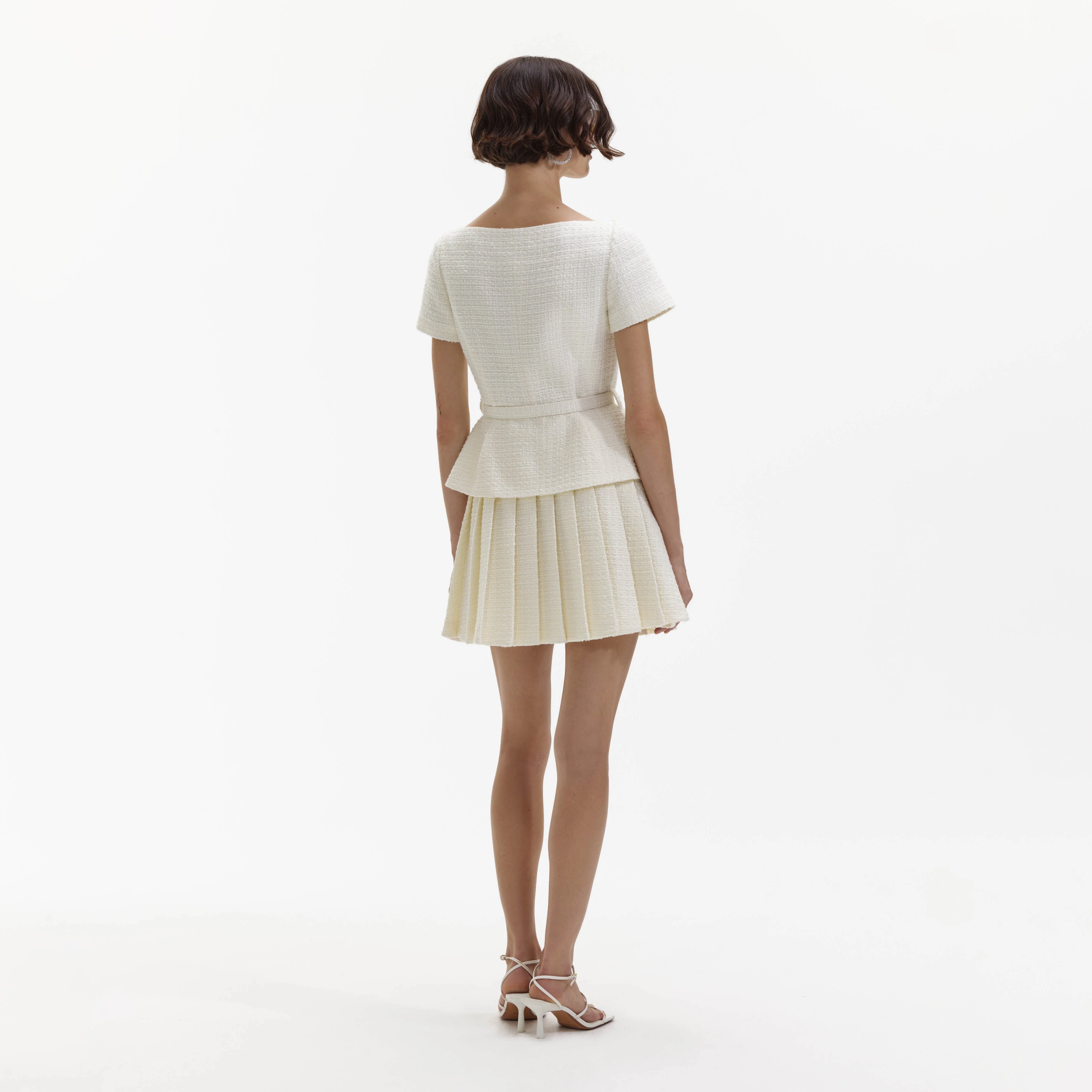 Cream Boucle Pleated Mini Dress - Image 3