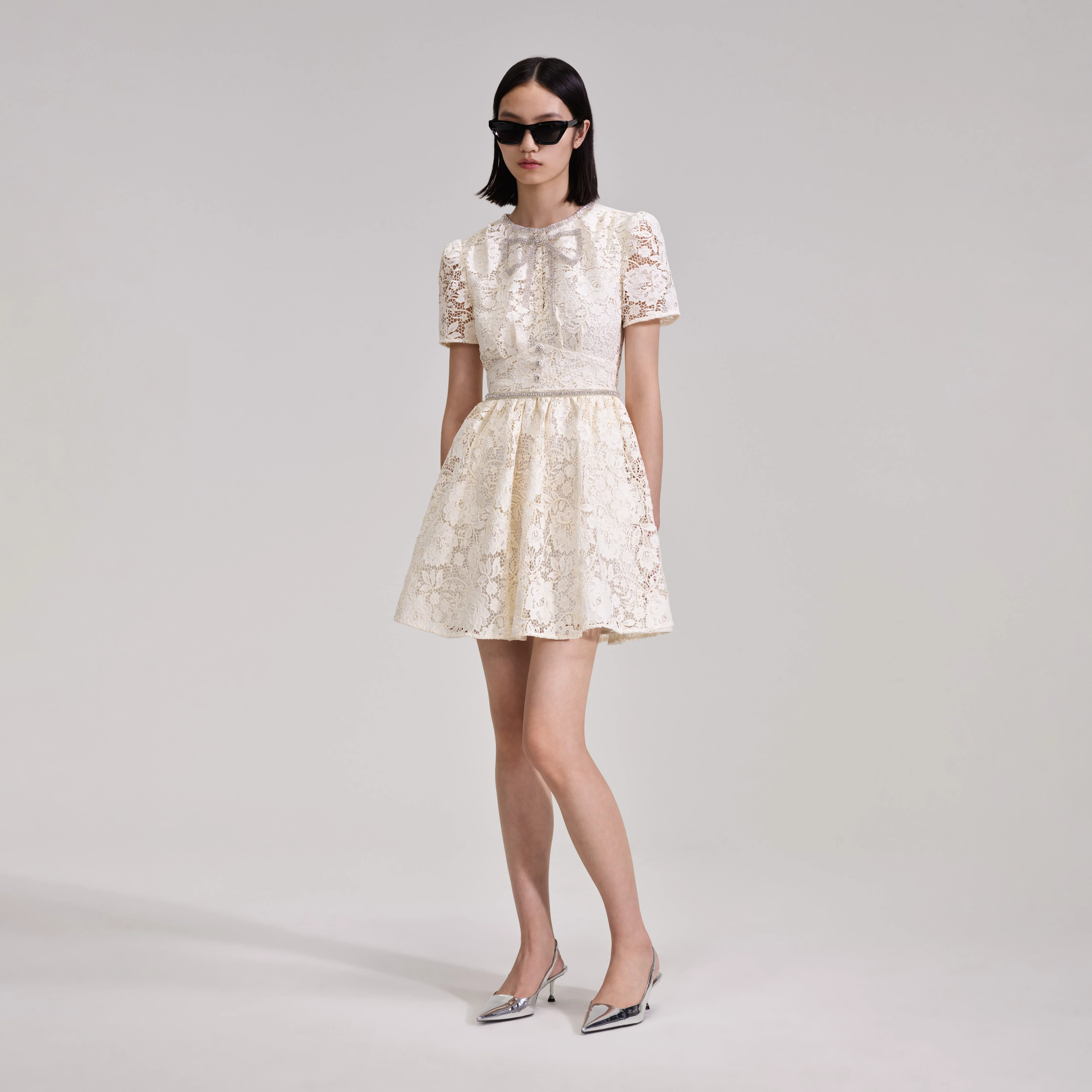 Cream Cord Lace Bow Mini Dress - Image 2