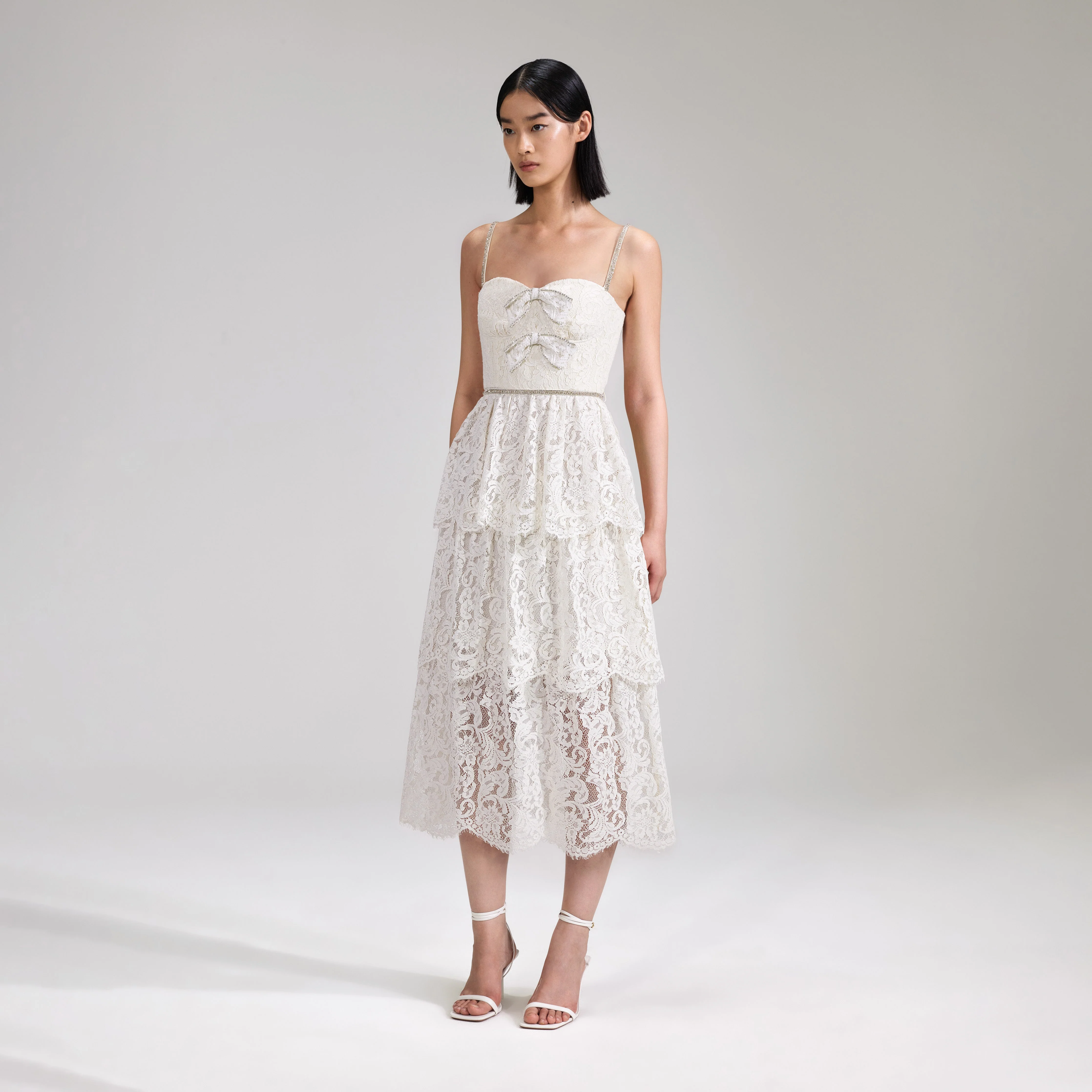 Cream Cord Lace Tiered Midi Dress - Image 2