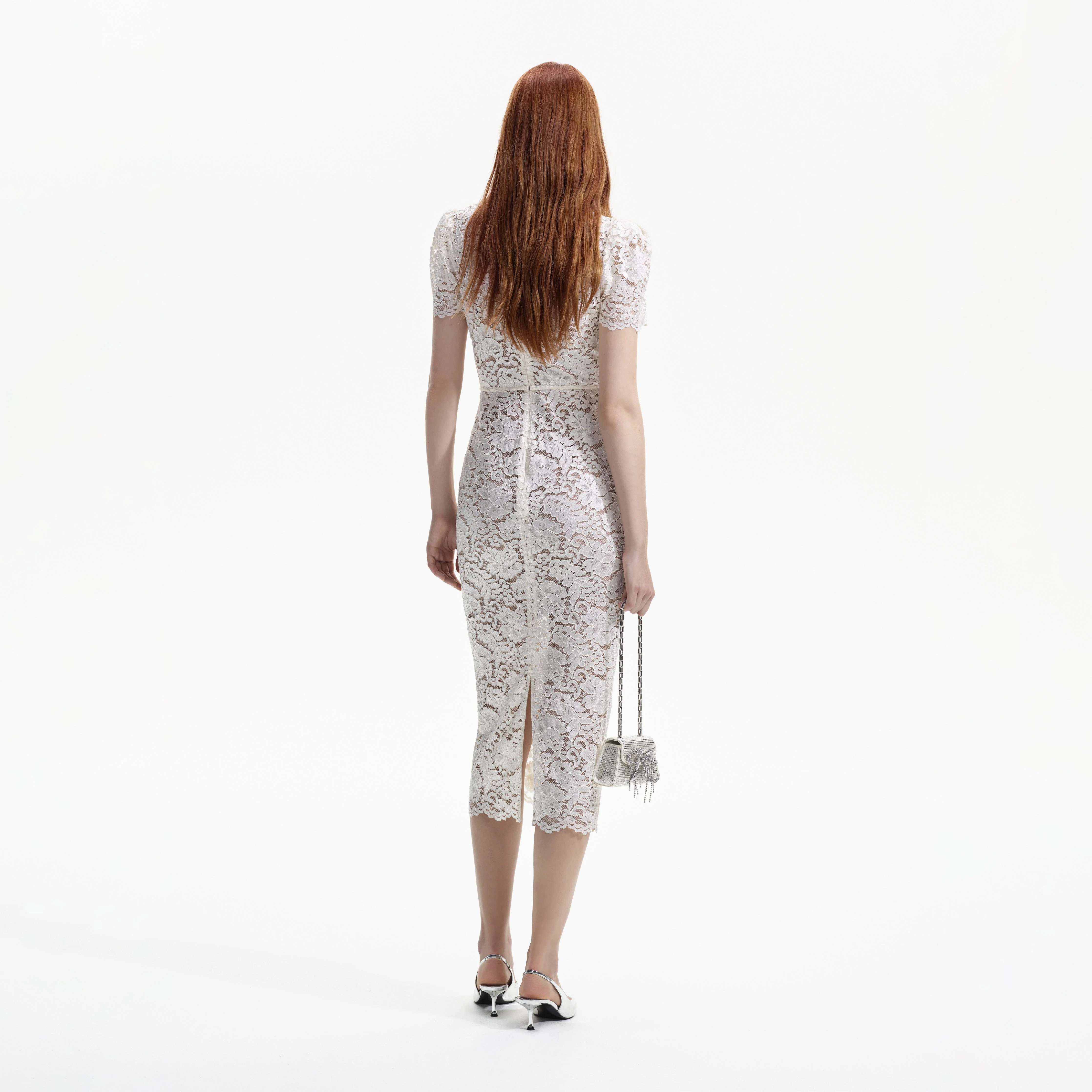 Cream Cord Lace V-Neck Midi Dress - Image 3