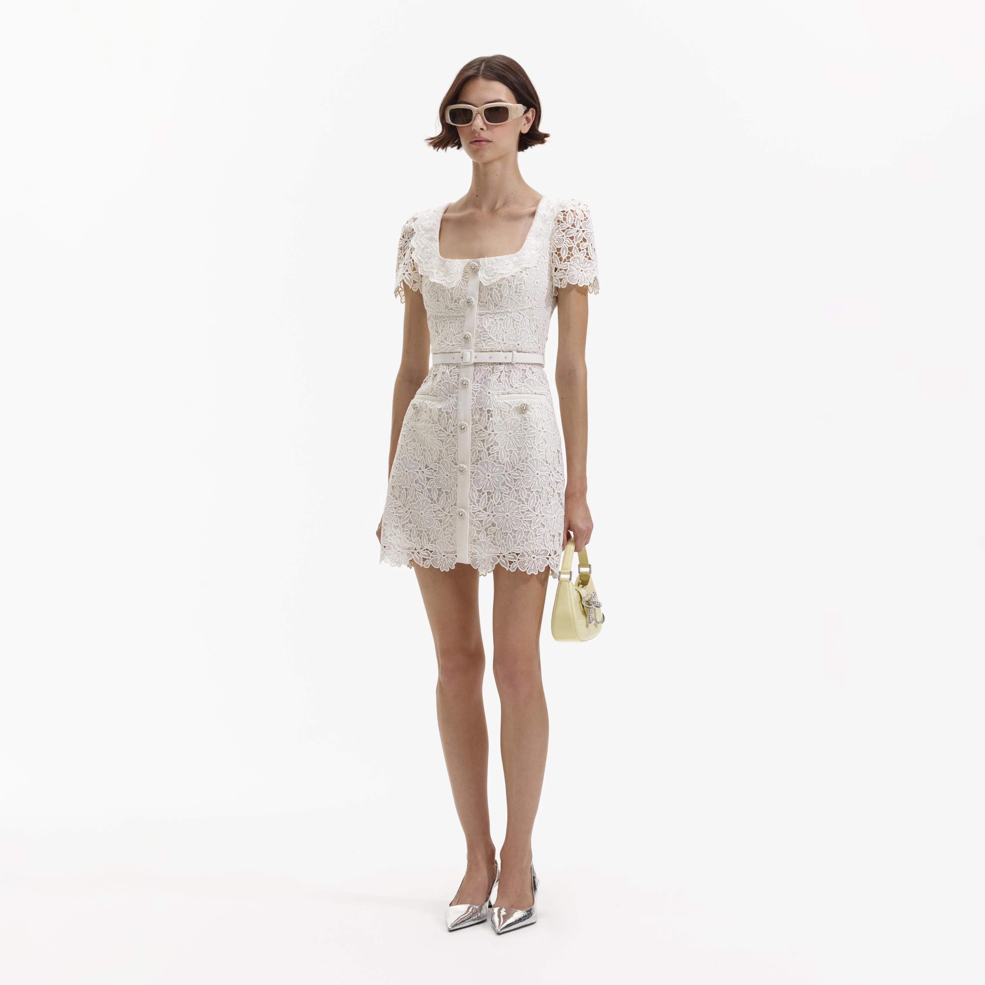 Cream Guipure Lace Button Mini Dress - Image 2
