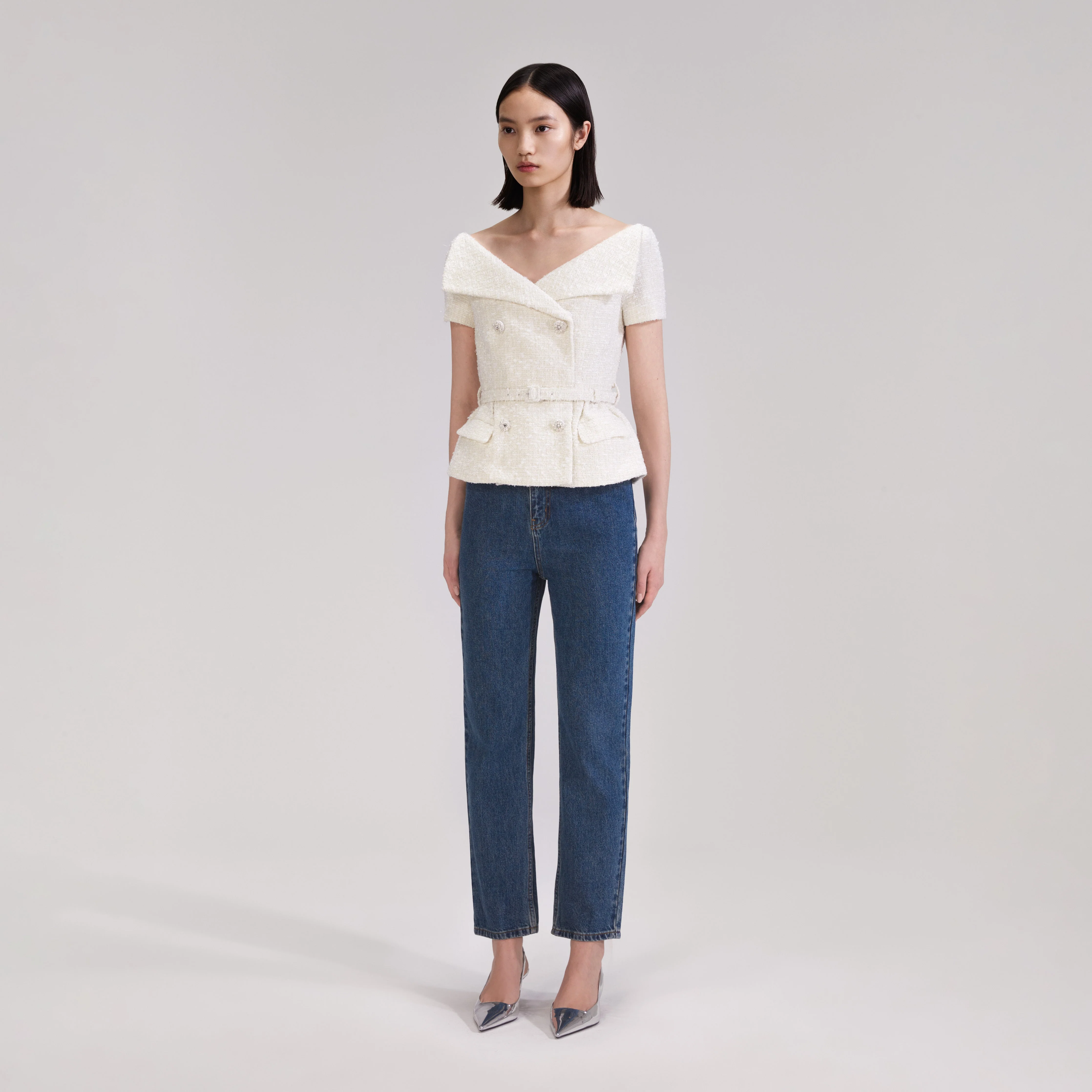 Cream Off Shoulder Boucle Top - Image 2