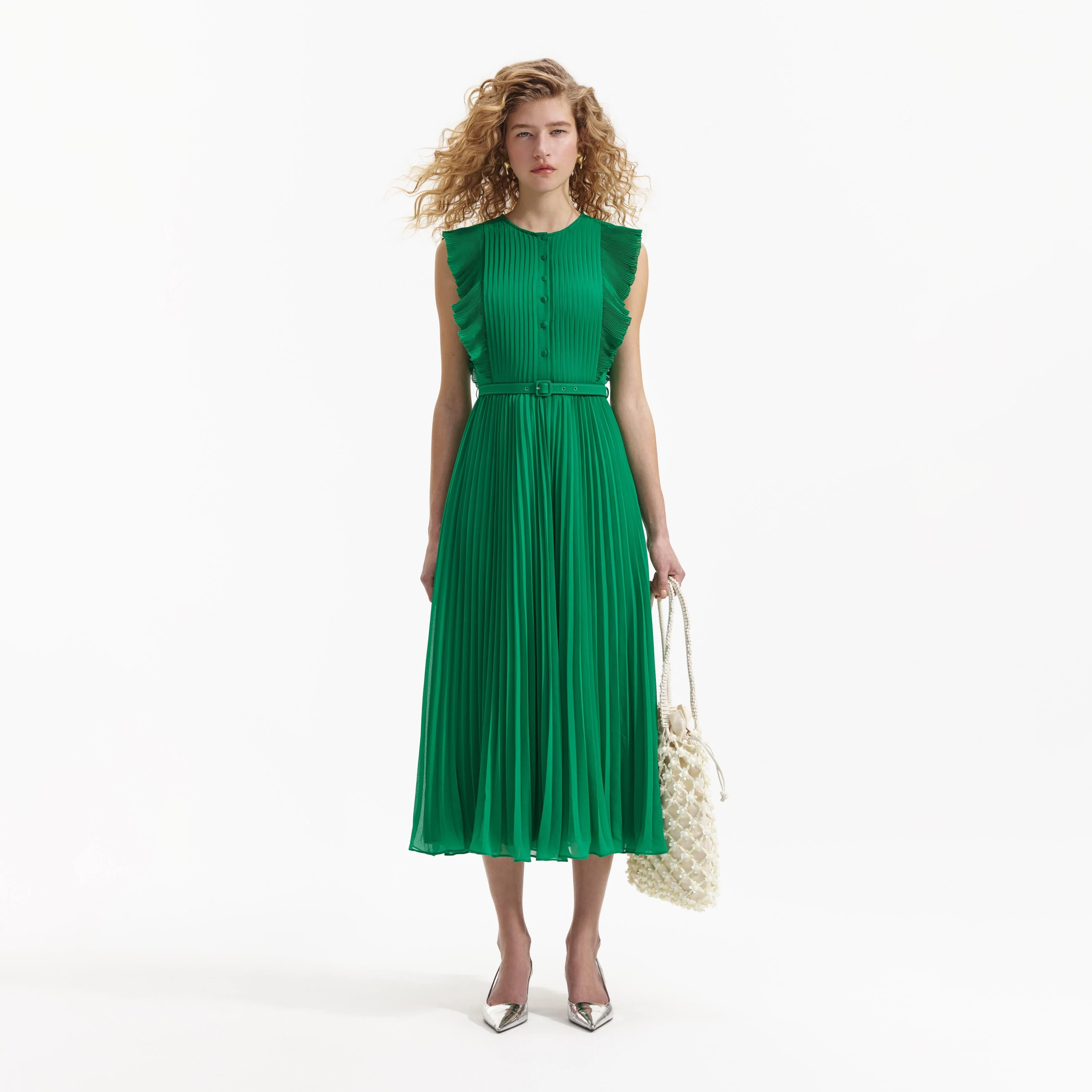 Green Chiffon Sleeveless Ruffle Midi Dress