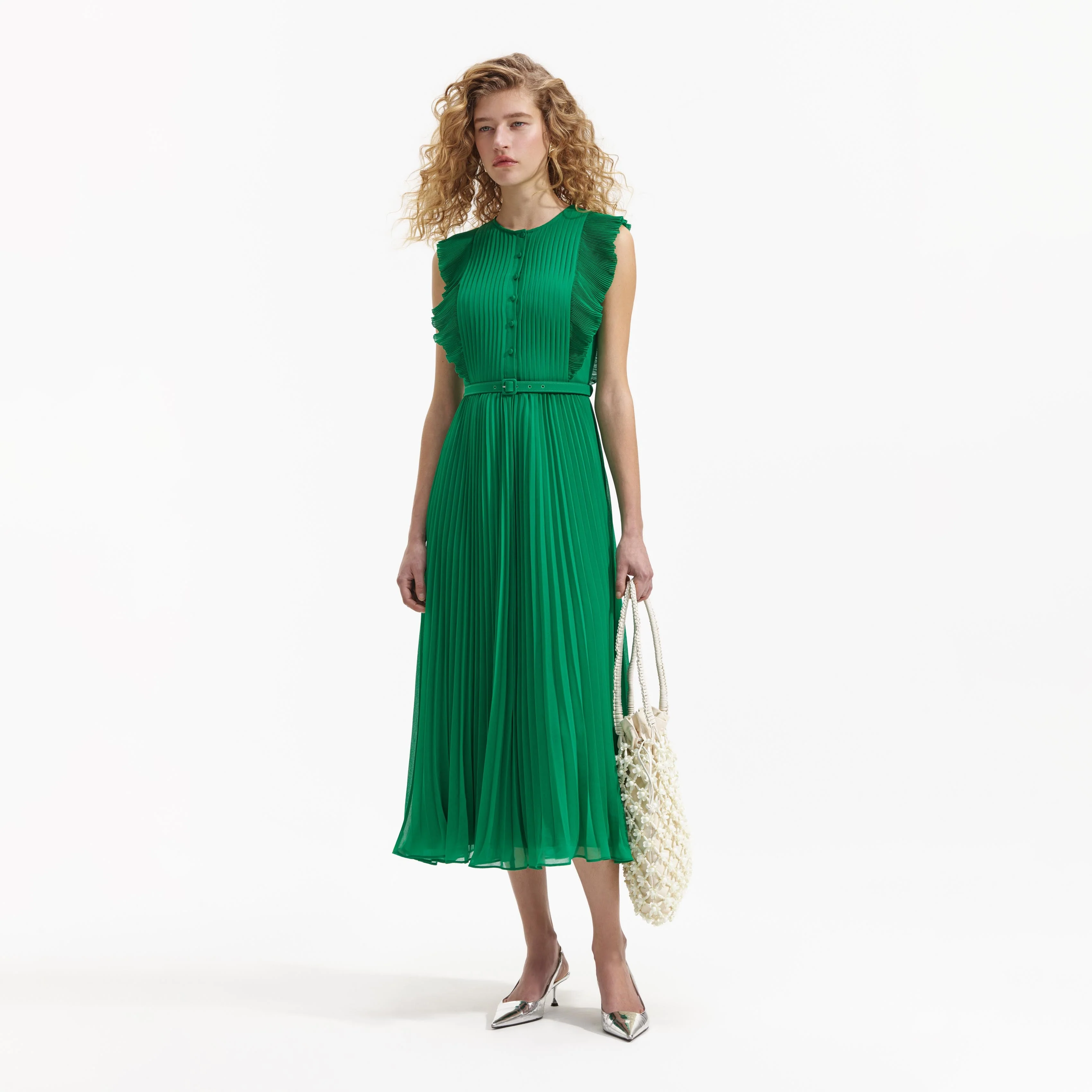 Green Chiffon Sleeveless Ruffle Midi Dress - Image 2