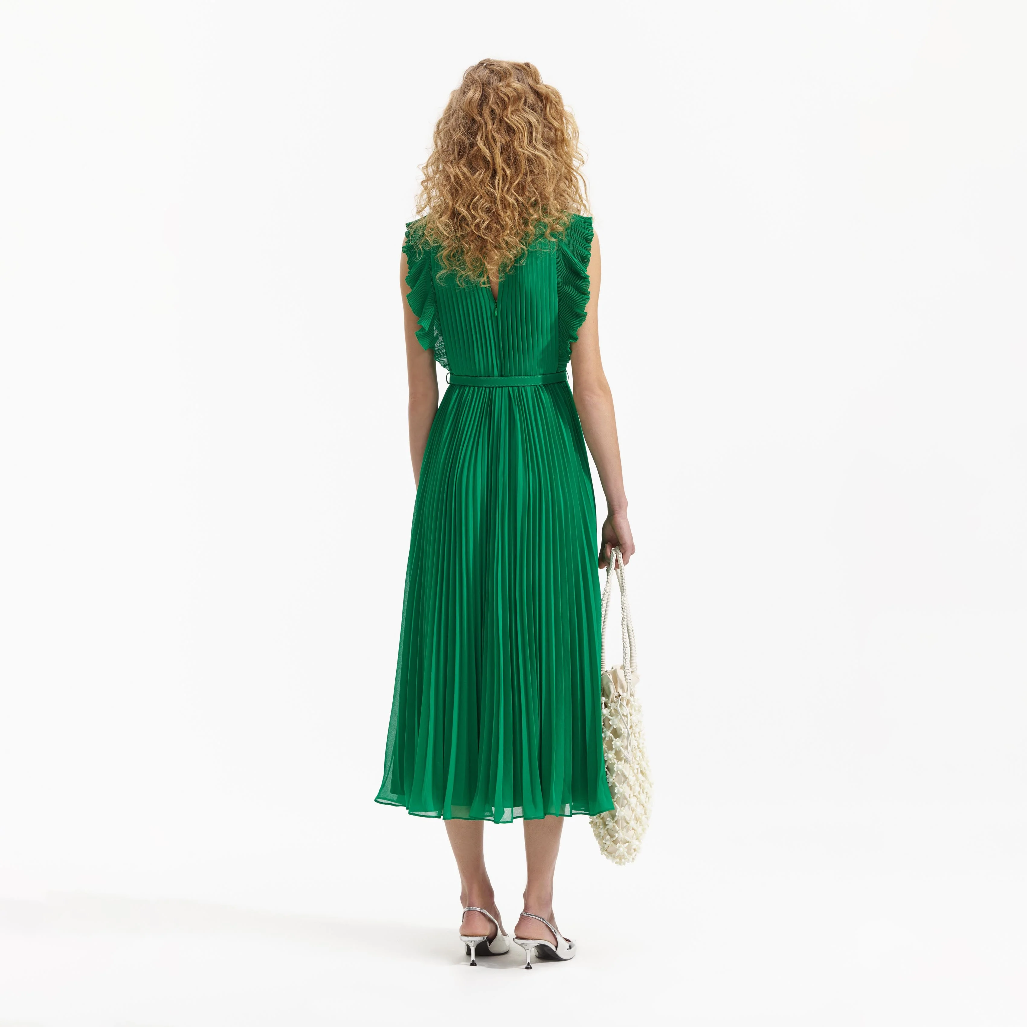 Green Chiffon Sleeveless Ruffle Midi Dress - Image 3