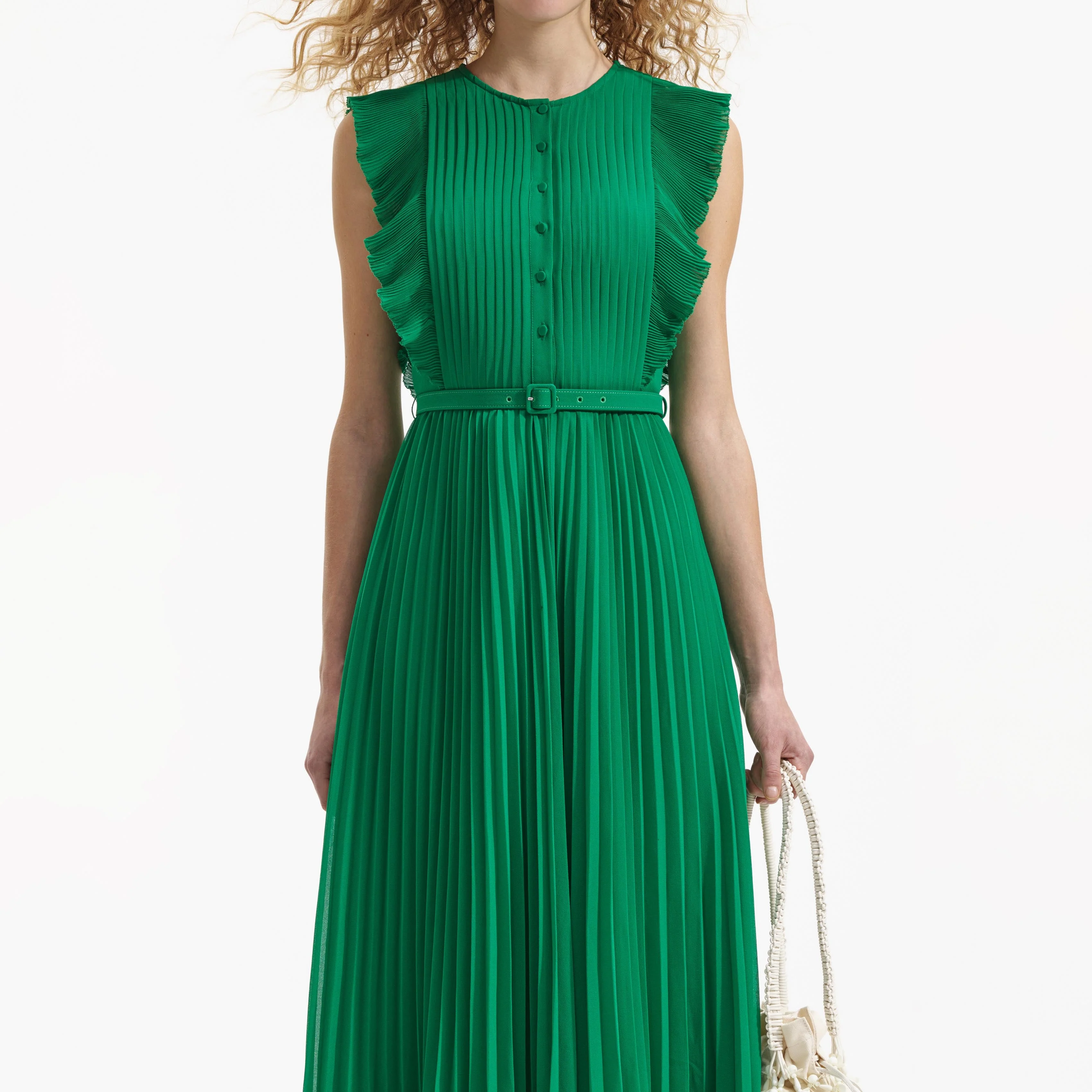 Green Chiffon Sleeveless Ruffle Midi Dress - Image 4