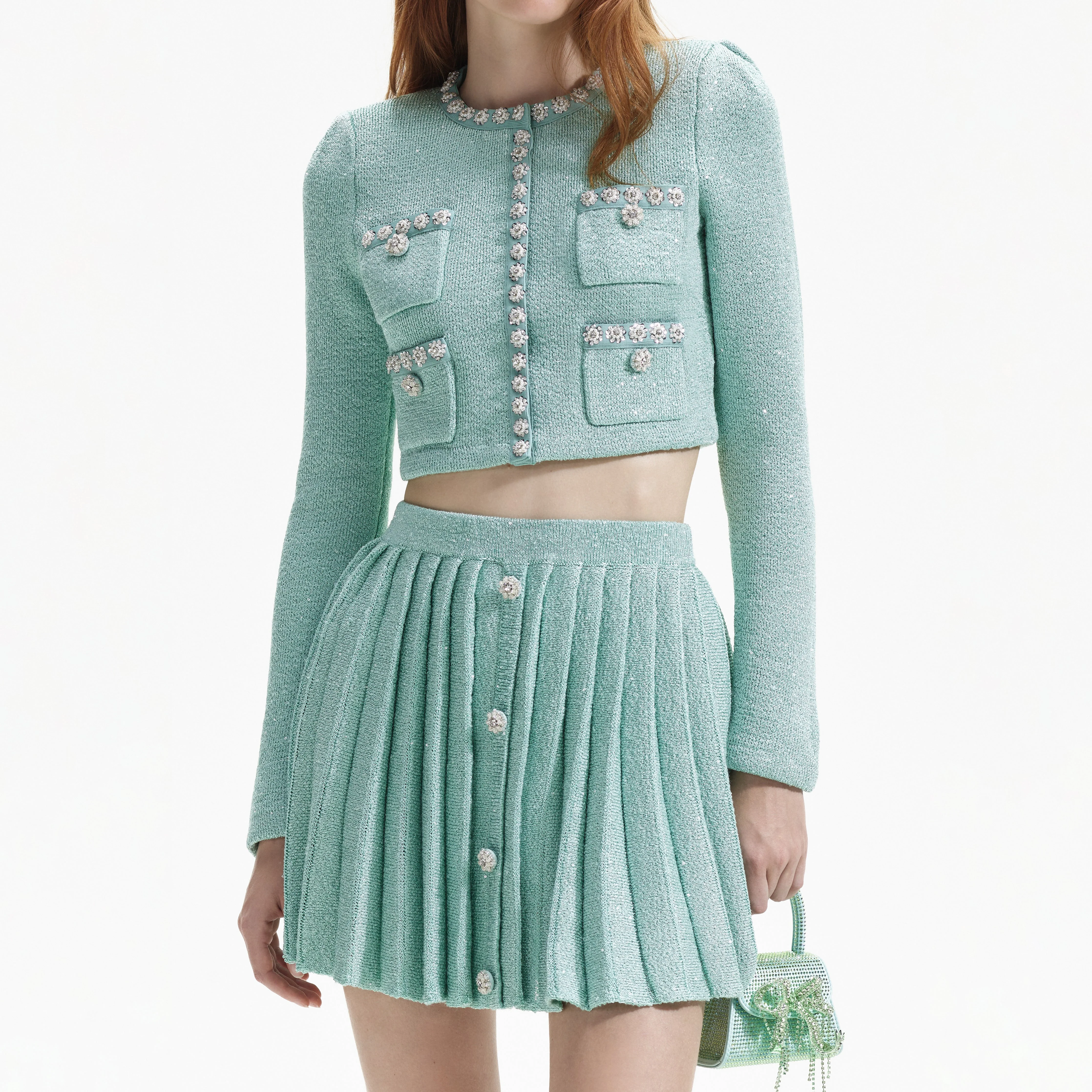 Mint Sequin Pleated Knit Skirt - Image 4
