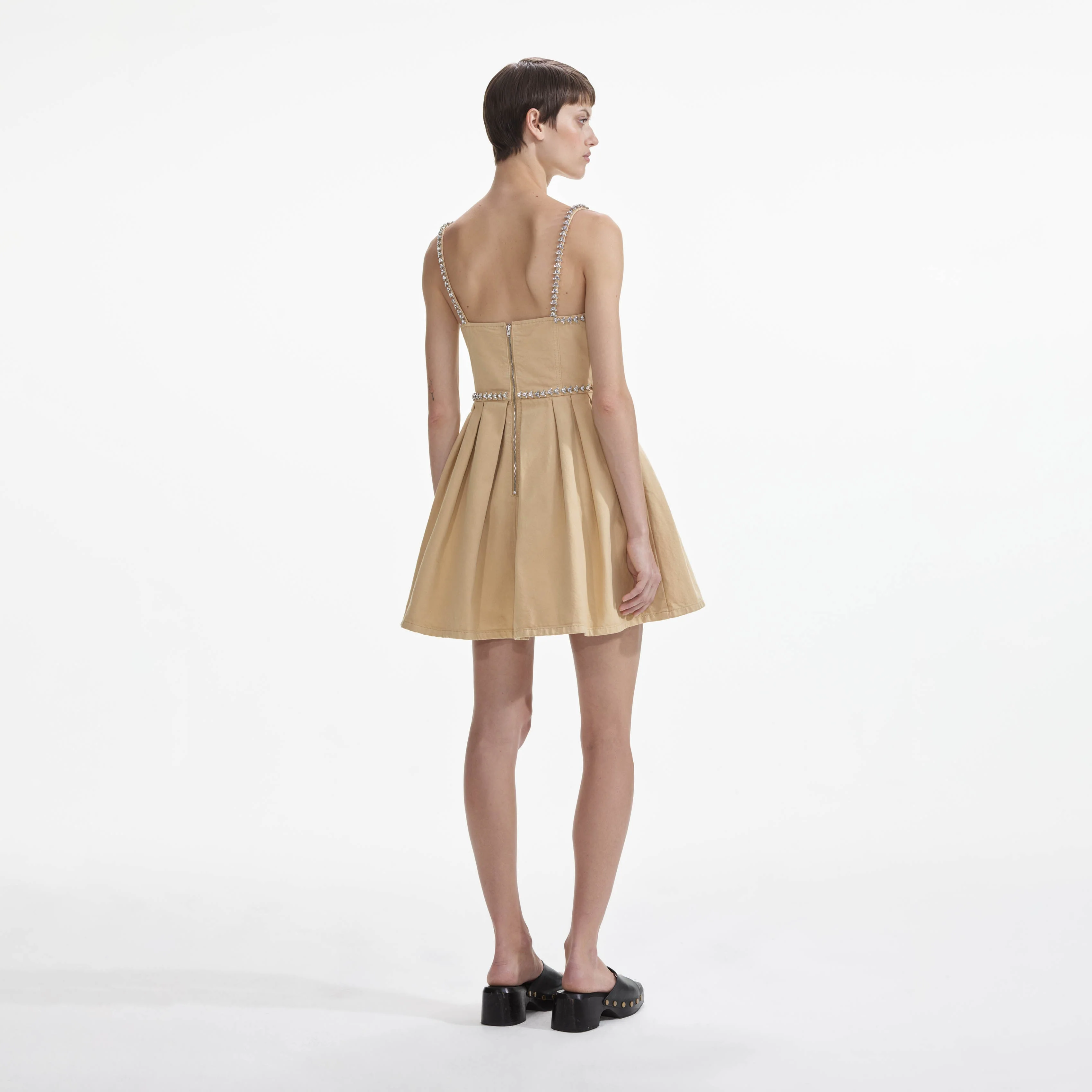 Beige Diamante Denim Mini Dress - Image 3