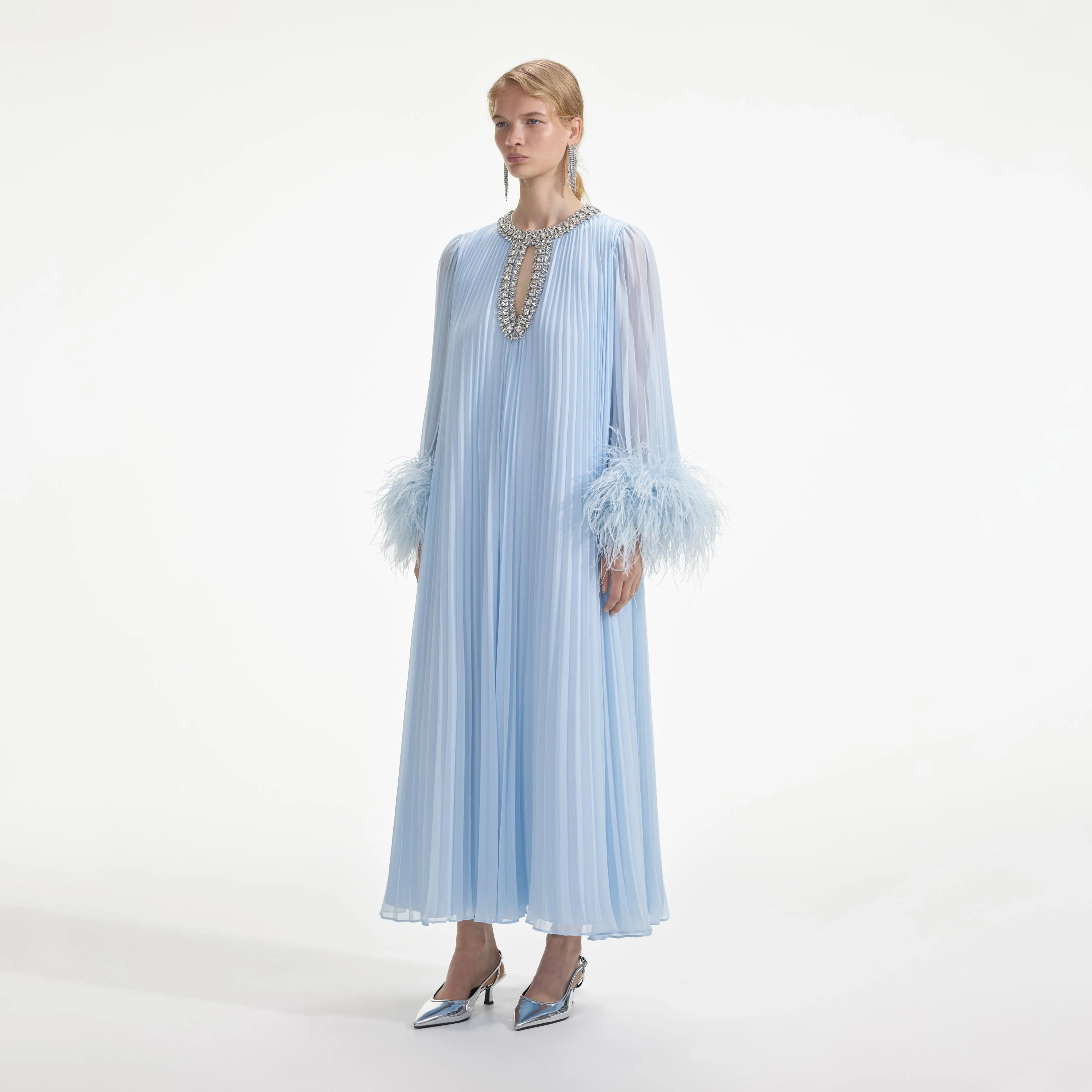 Blue Chiffon Feather Midi Dress - Image 2