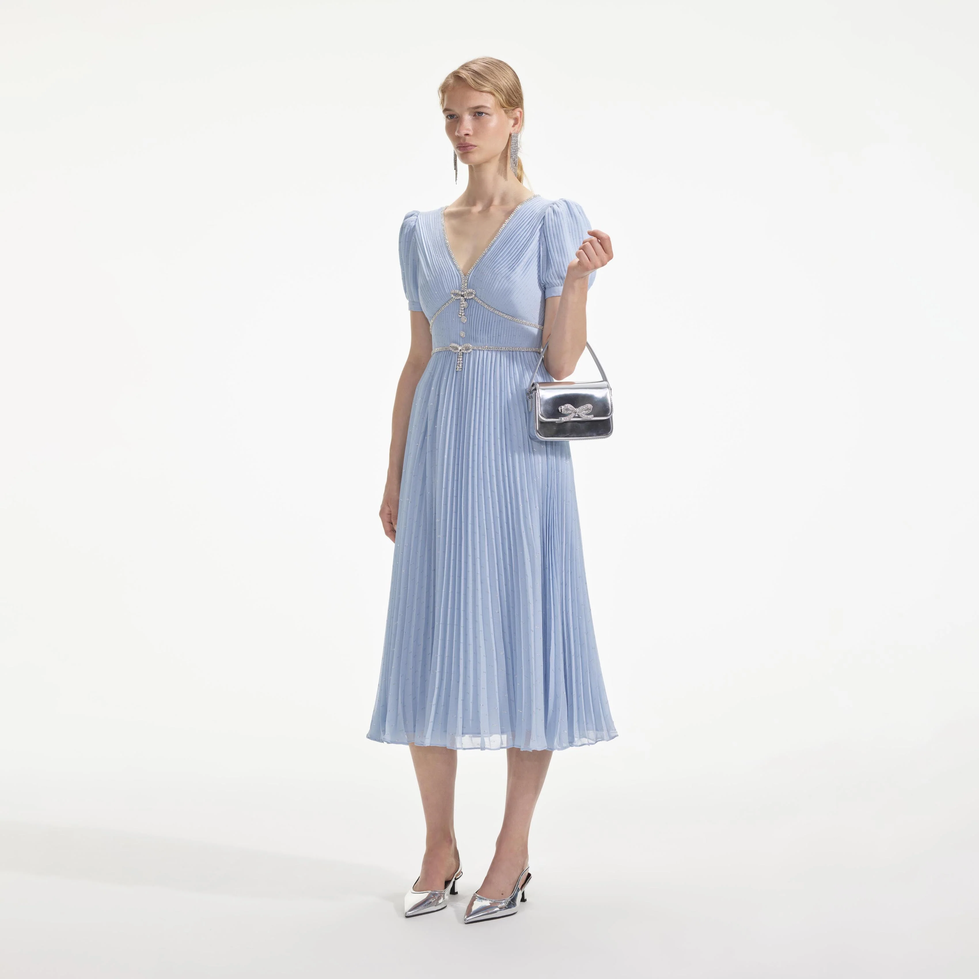 Blue Metallic Chiffon Midi Dress - Image 2