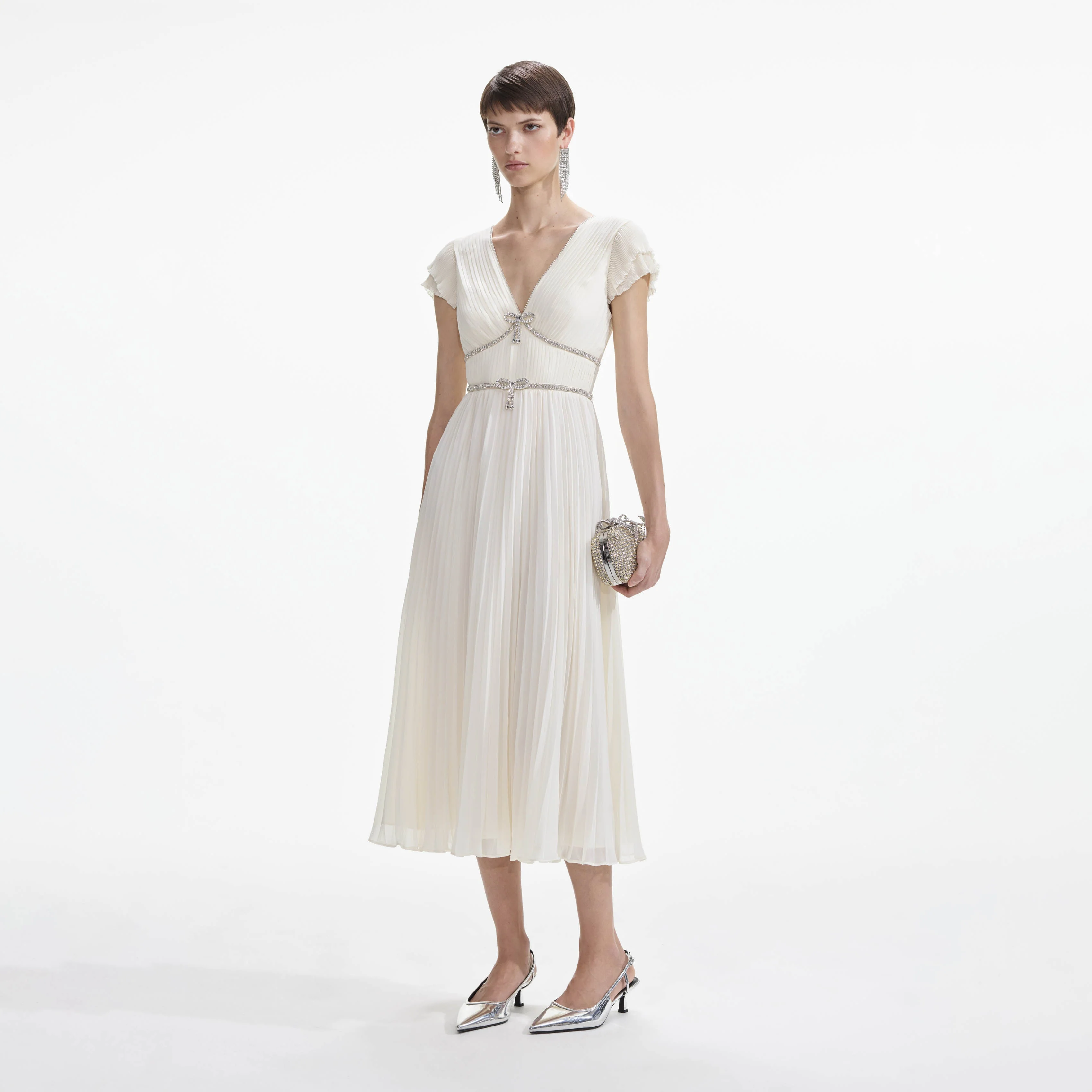 Cream Chiffon Pleated Midi Dress - Image 2