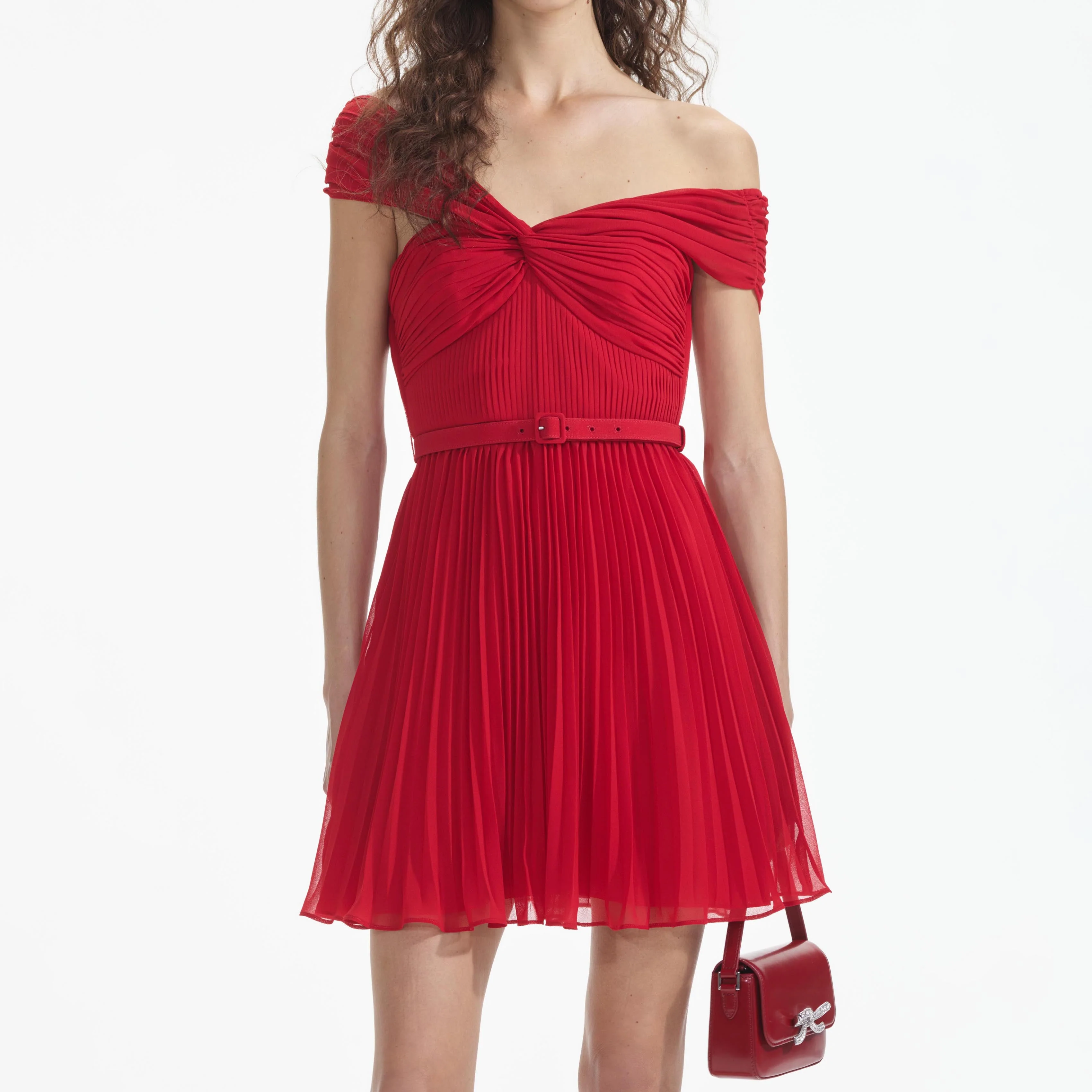 Red Off Shoulder Chiffon Mini Dress - Image 4