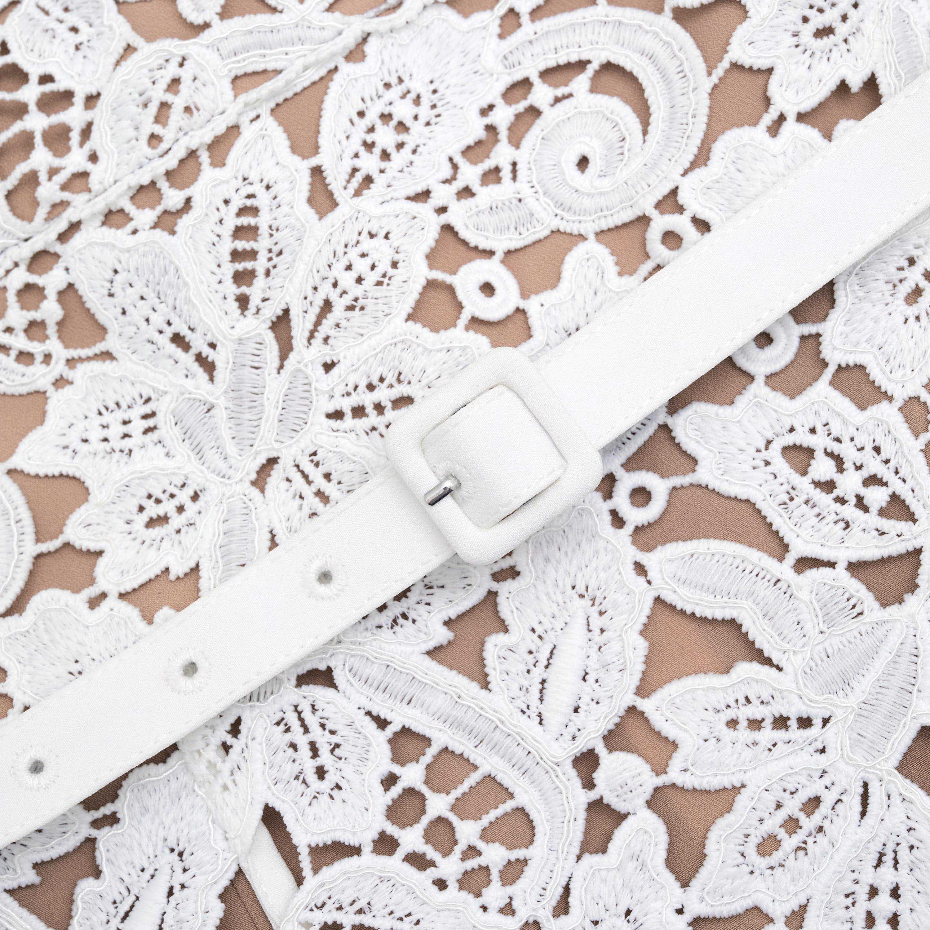 White Floral Lace Belted Mini Dress - Image 5