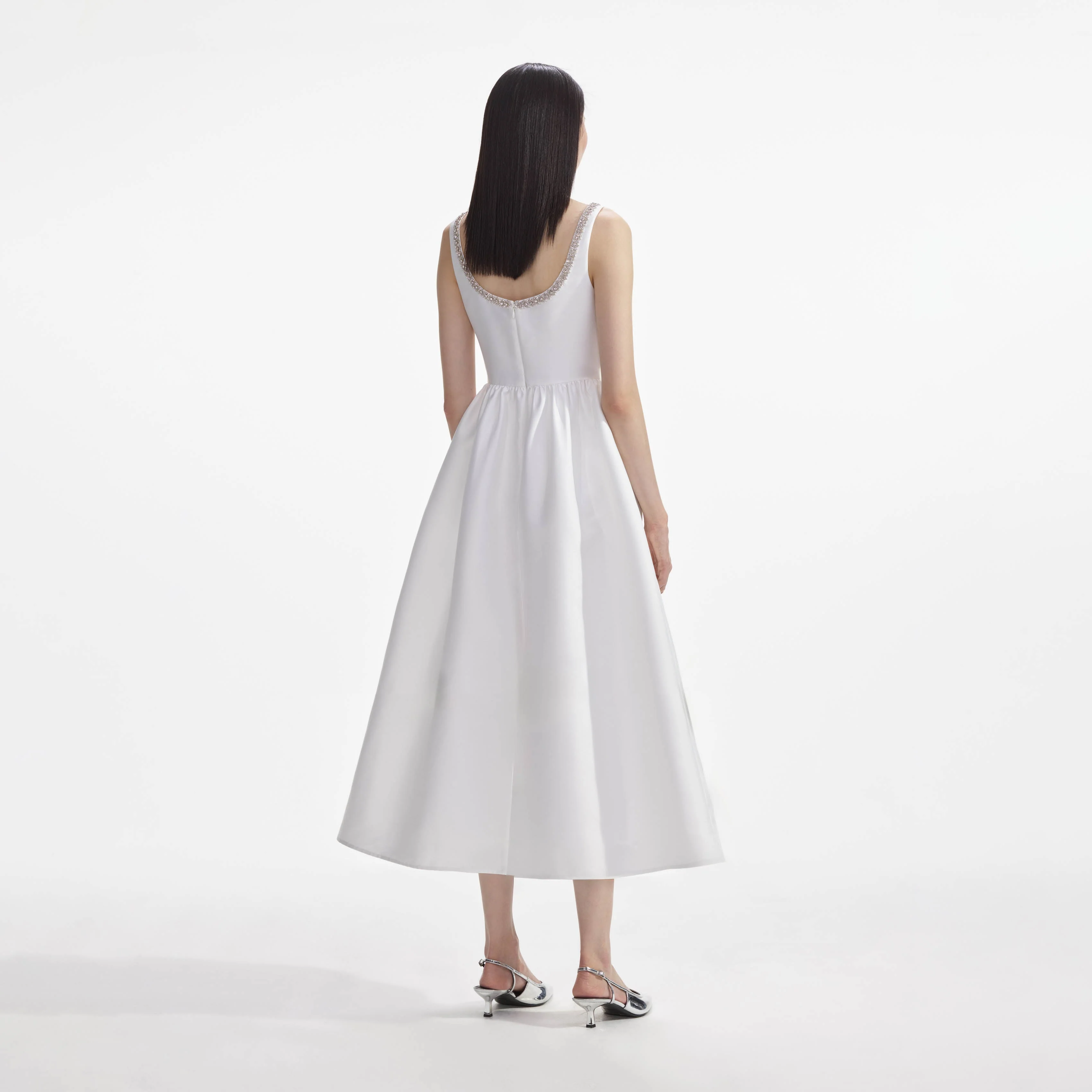 White Taffeta Diamante Midi Dress - Image 3
