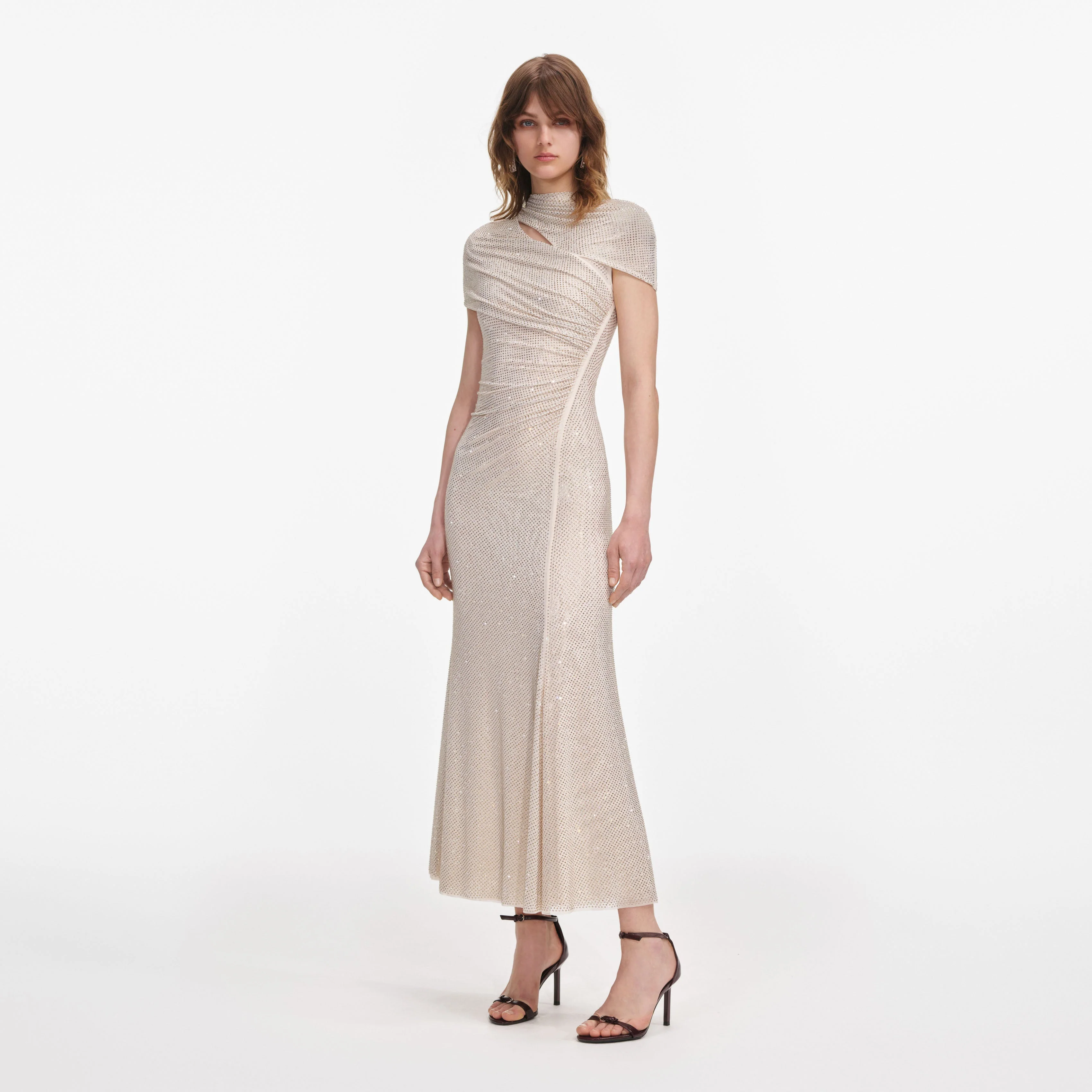 Champagne Rhinestone Mesh Cut Out Midi Dress - Image 2