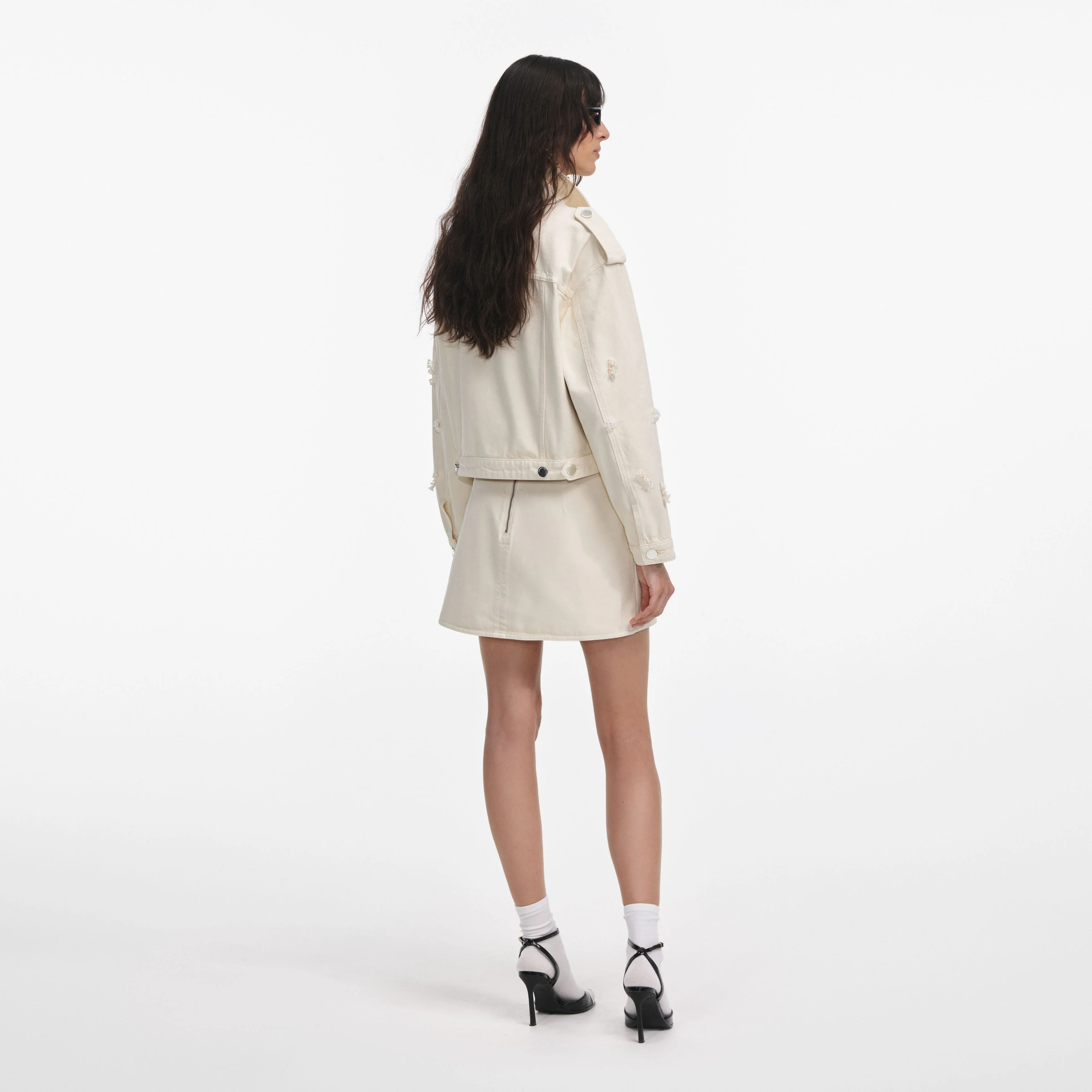 Cream Denim Beaded Floral Jacket - Image 3