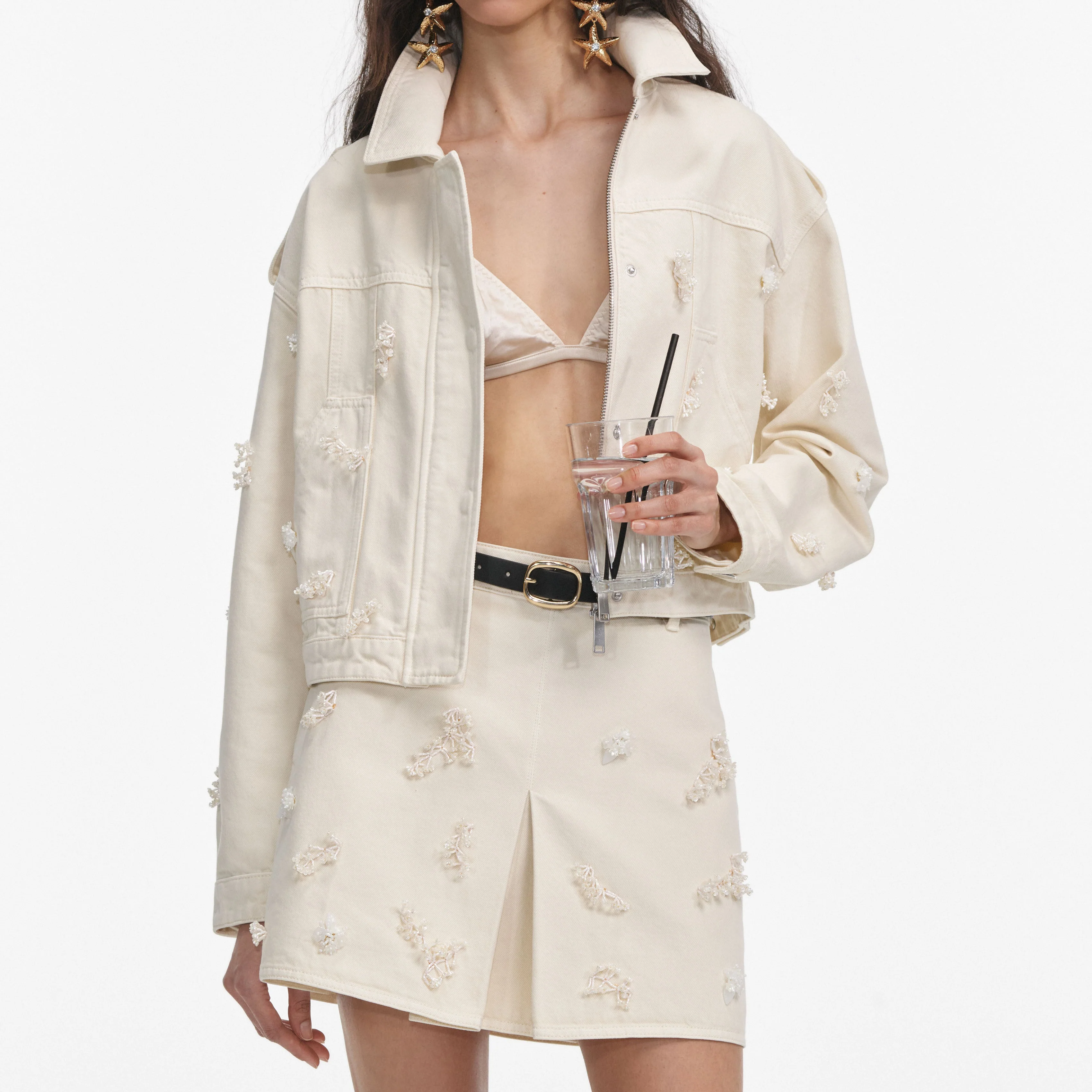 Cream Denim Beaded Floral Mini Skirt - Image 4