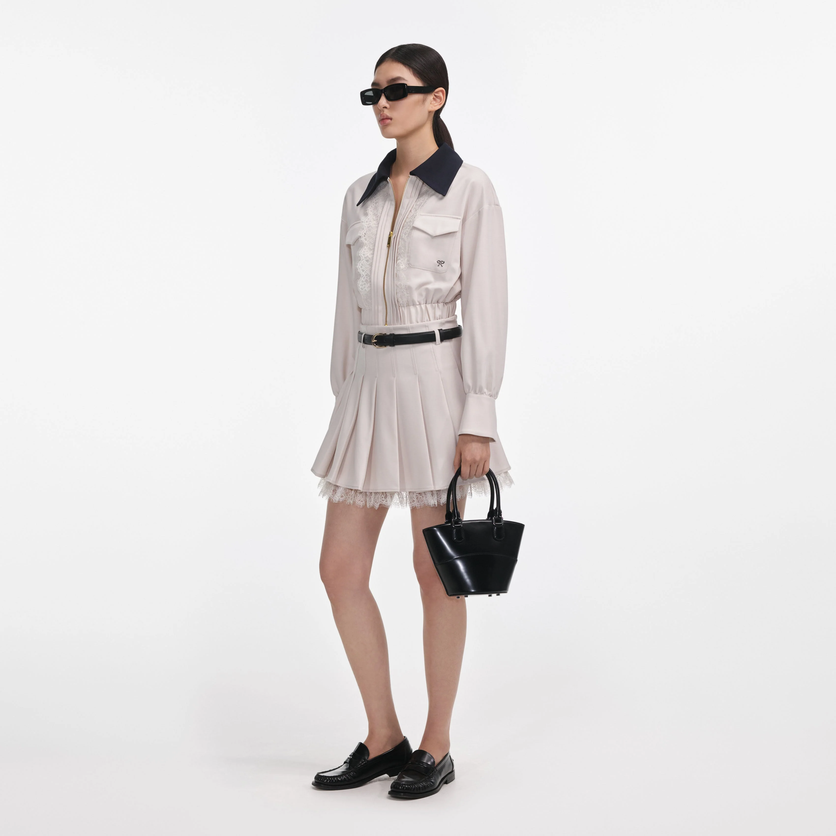 Cream Twill Pleated Mini Skirt - Image 2