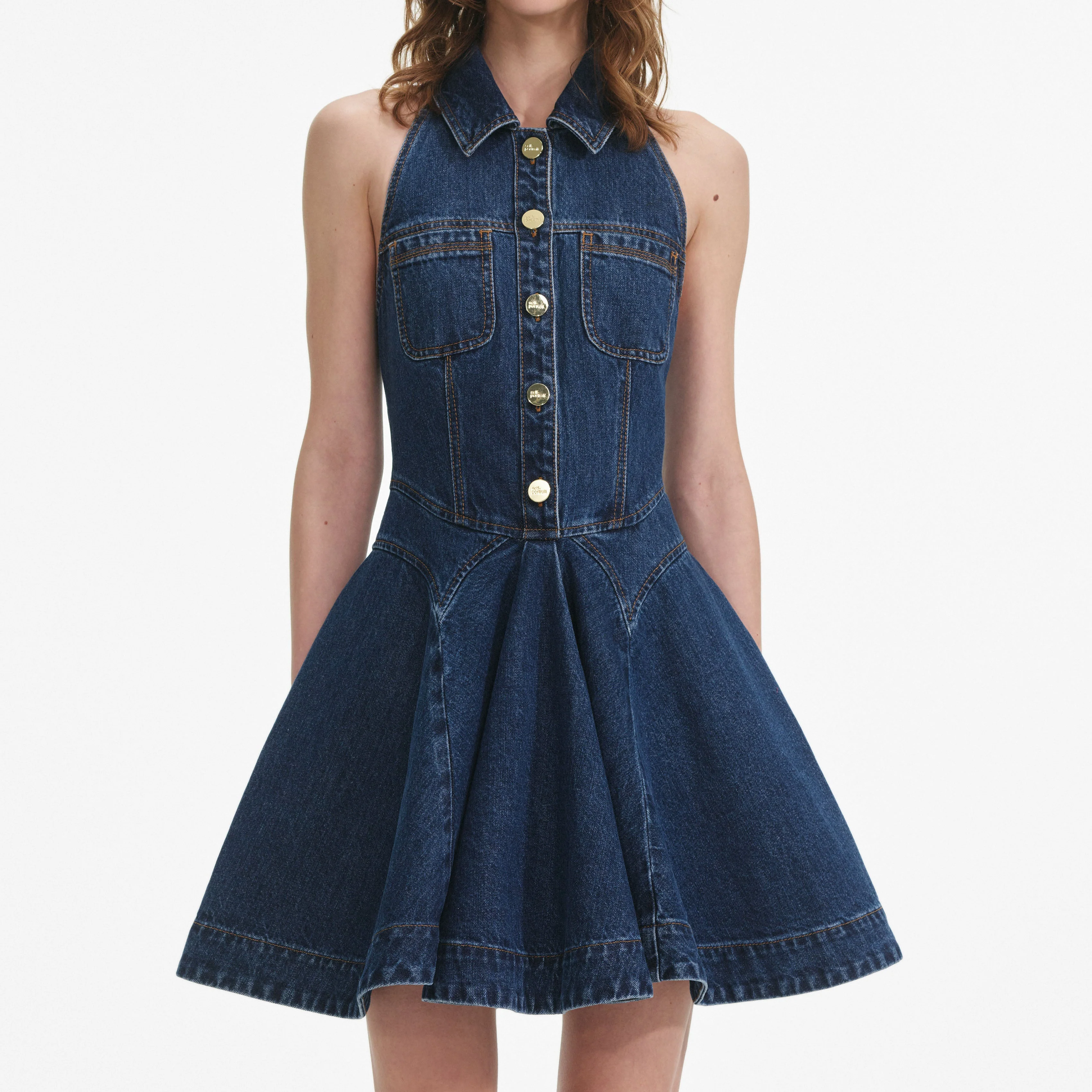 Denim Sleeveless Flared Mini Dress - Image 4