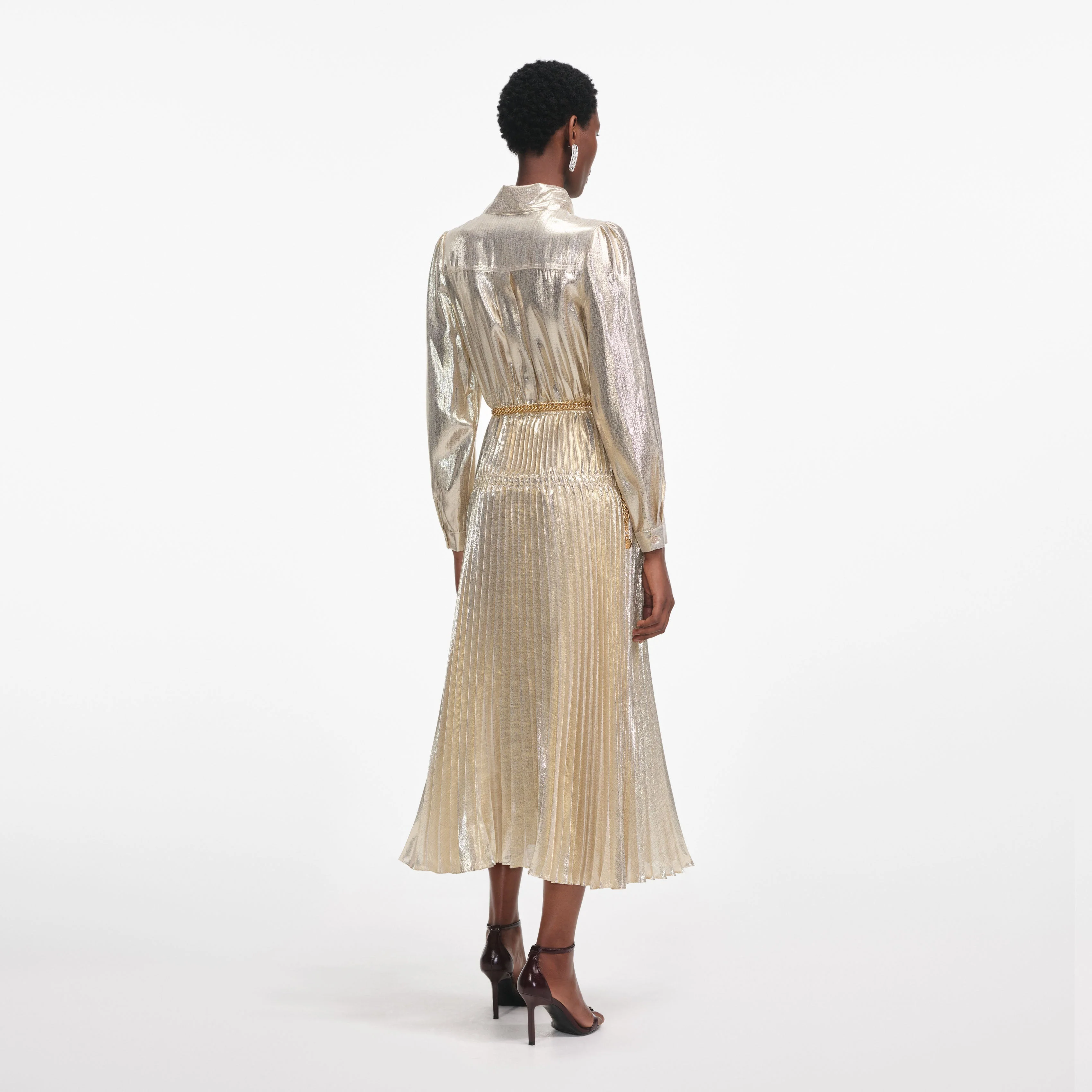 Gold Metallic Tie Neck Midi Dress - Image 3