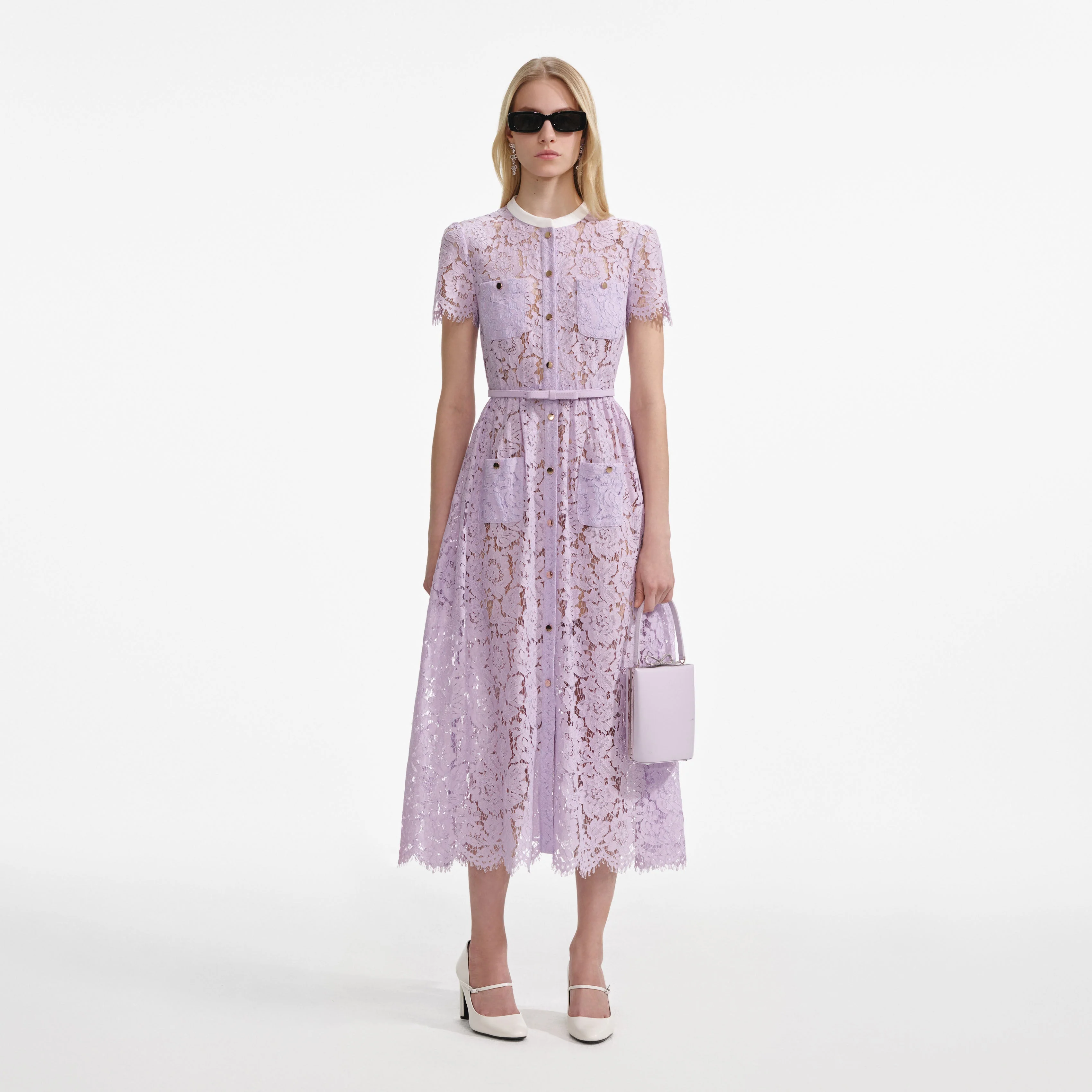 Lilac Lace Button Front Midi Dress