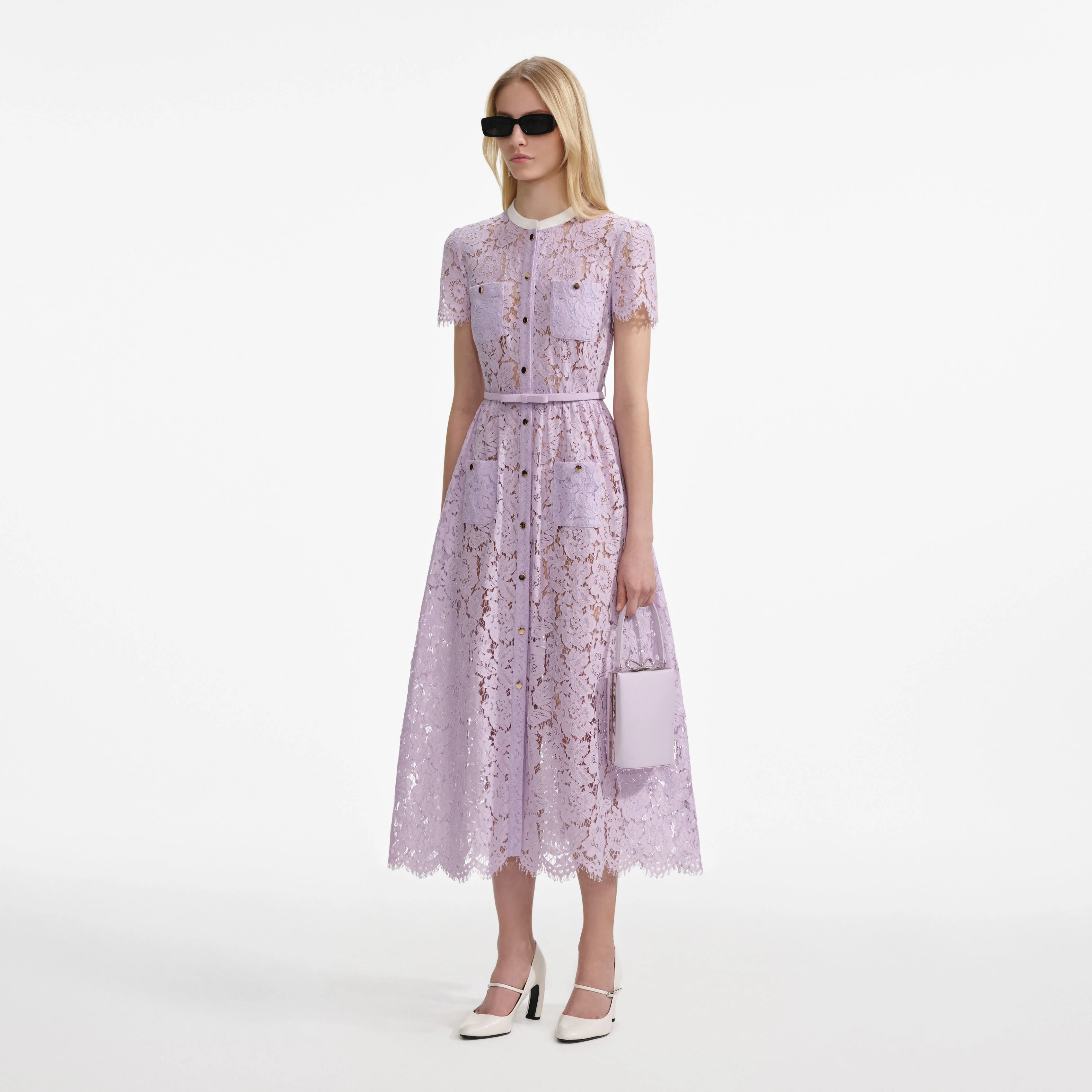 Lilac Lace Button Front Midi Dress - Image 2